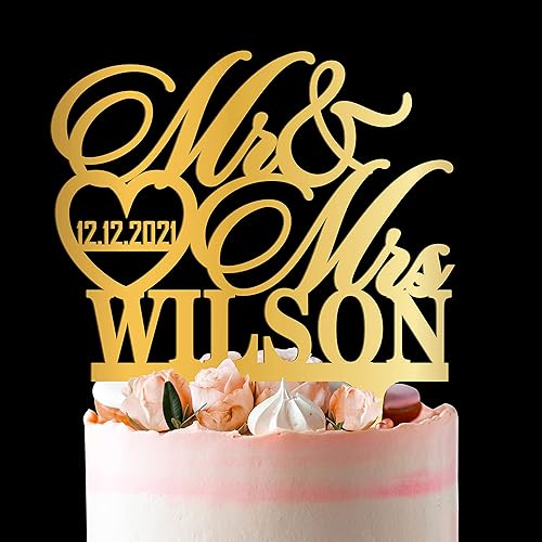 Miniatura 4 de Decoración personalizada para tartas de boda, diseño de señor y señora, apellido y fecha personalizados con corazón, adorno para pastel de