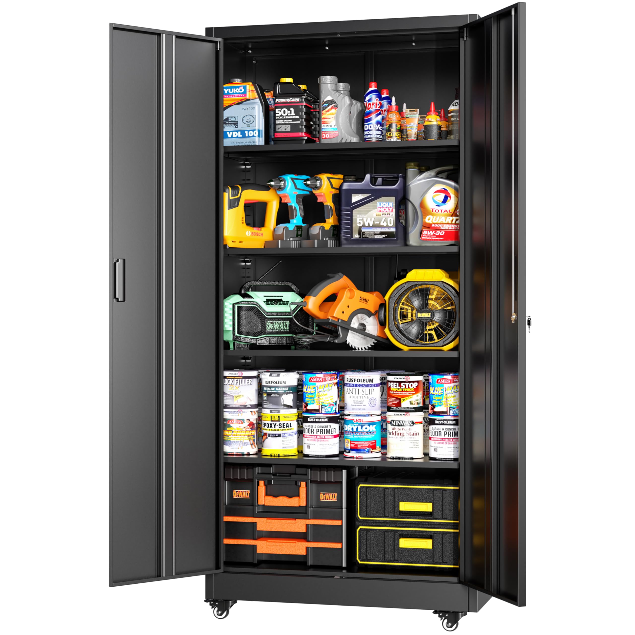 Greenvelly Metal Garage Storage Cabinet with 4 Swivel Wheels, 73” Black Storage Cabinet on Wheels, Rolling Tool Cabinet with Locking Doors and Shelves