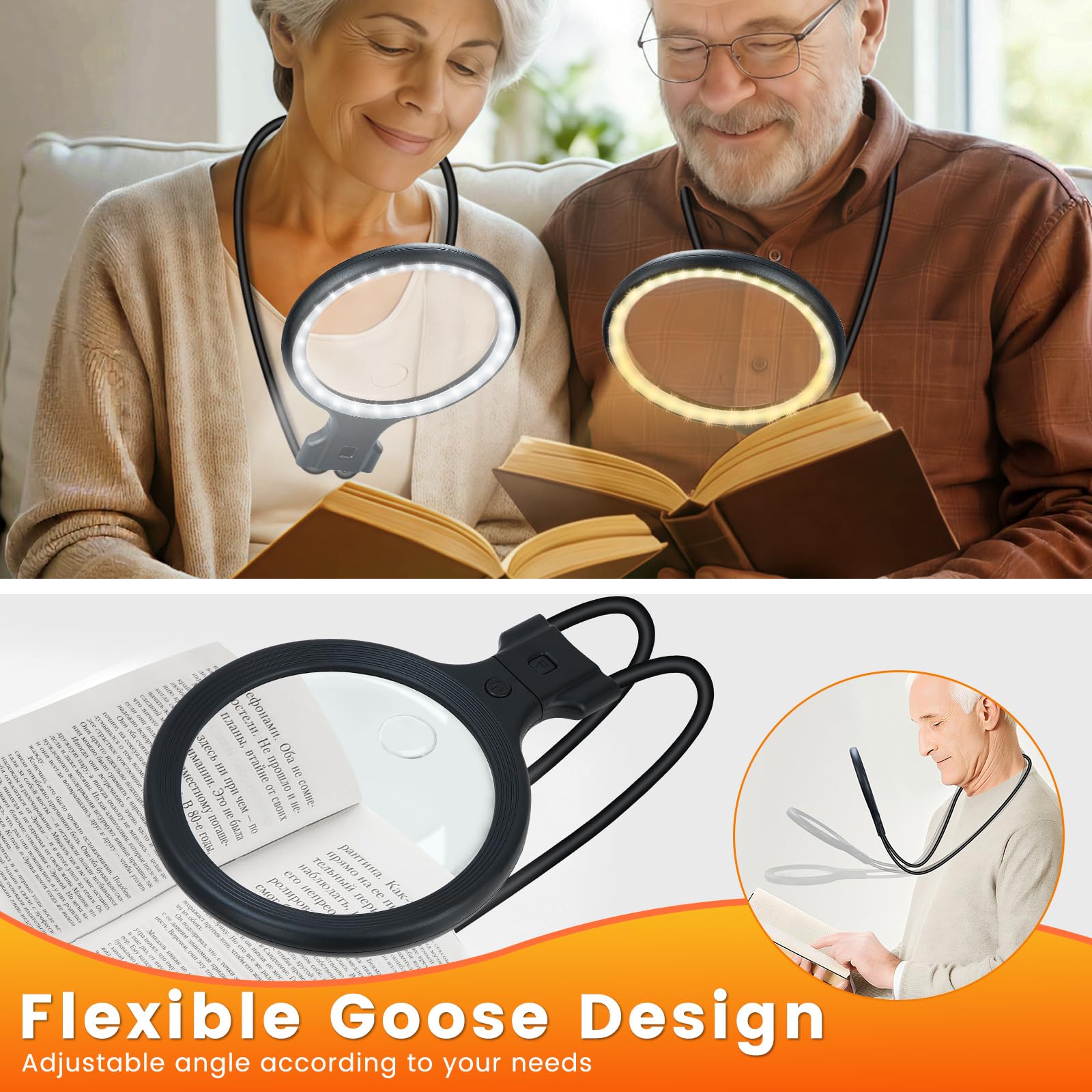 Lente di ingrandimento con luce, 5,4 pollici, 5 x 10 x lente di ingrandimento ricaricabile con luce, 30 LED, flessibile a collo di cigno, per anziani vicino al lavoro, per leggere, riparazioni, cucito