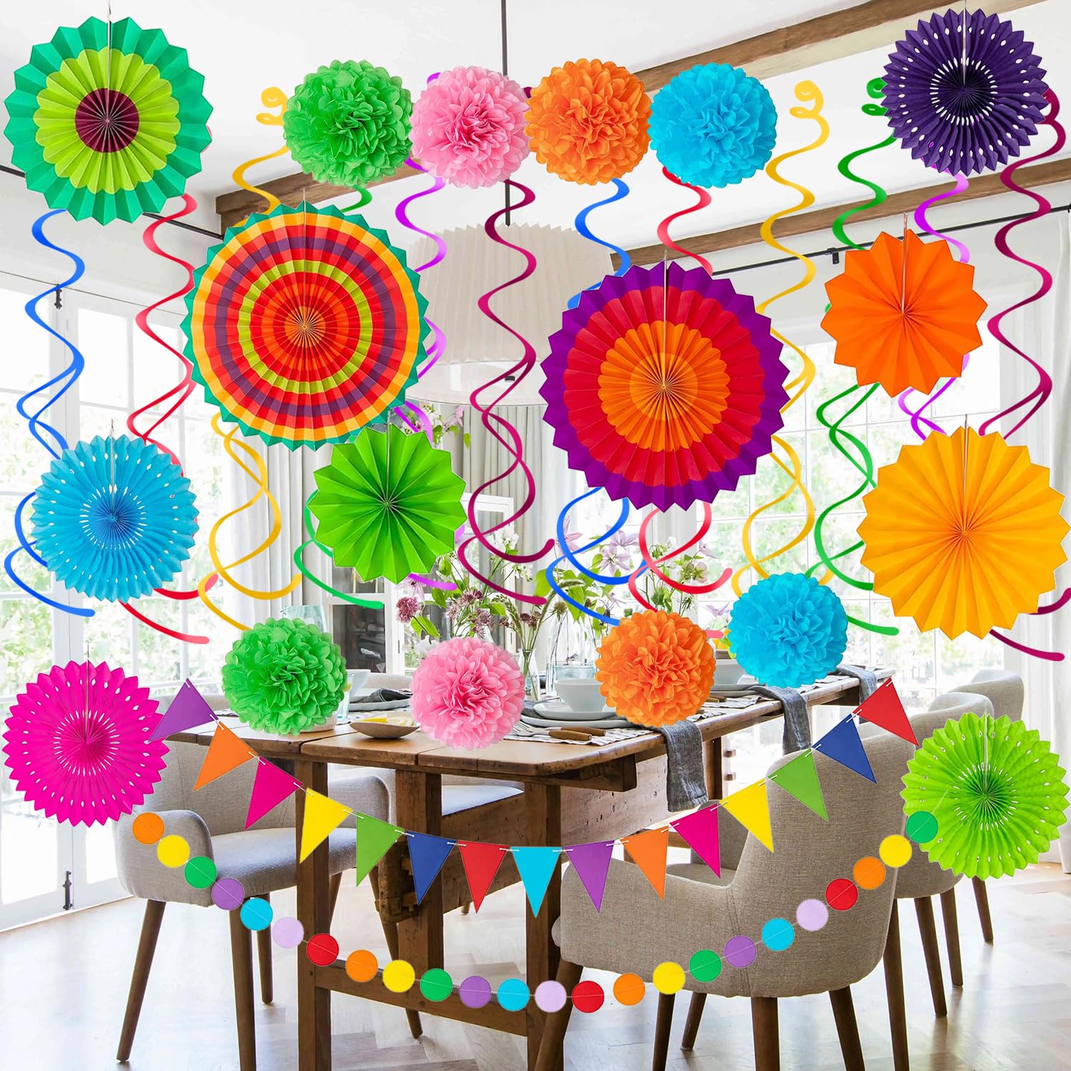 Cinco De Mayo dekoracje imprezowe dekoracje fiesta wielokolorowe papierowe wachlarze girlandy proporczyk pompony wiszące wiry na urodziny ślub tęcza meksykańska impreza