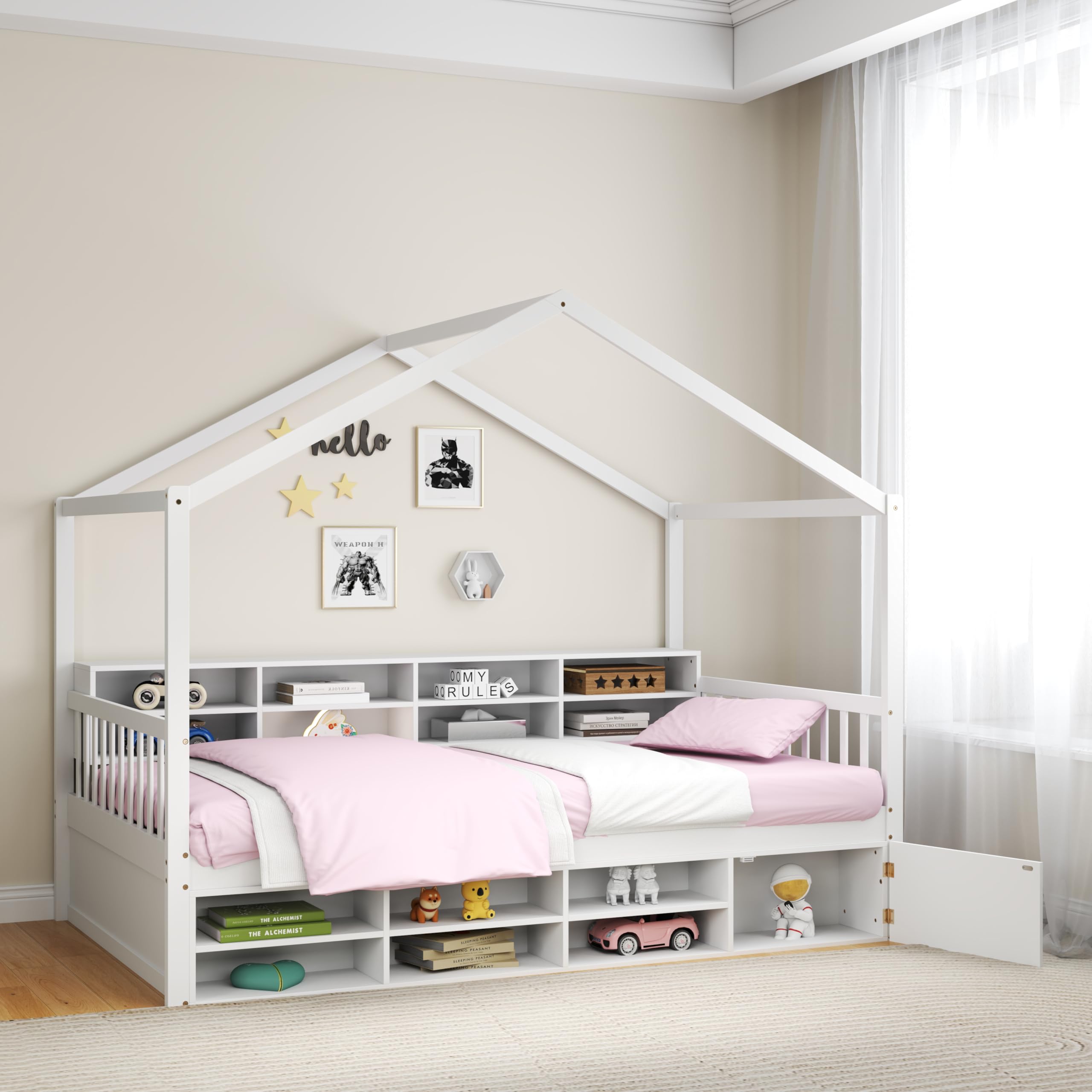 Giantex Canbana-Bett für Kinder, 115 x 200 cm, Bodenbett aus Holz mit Barriere, 14 Aufbewahrungswürfel, Schrank, 10 Latten, Design in Hausform, Belastung 200 kg, Montessori-Bett für Mädchen, Jungen,