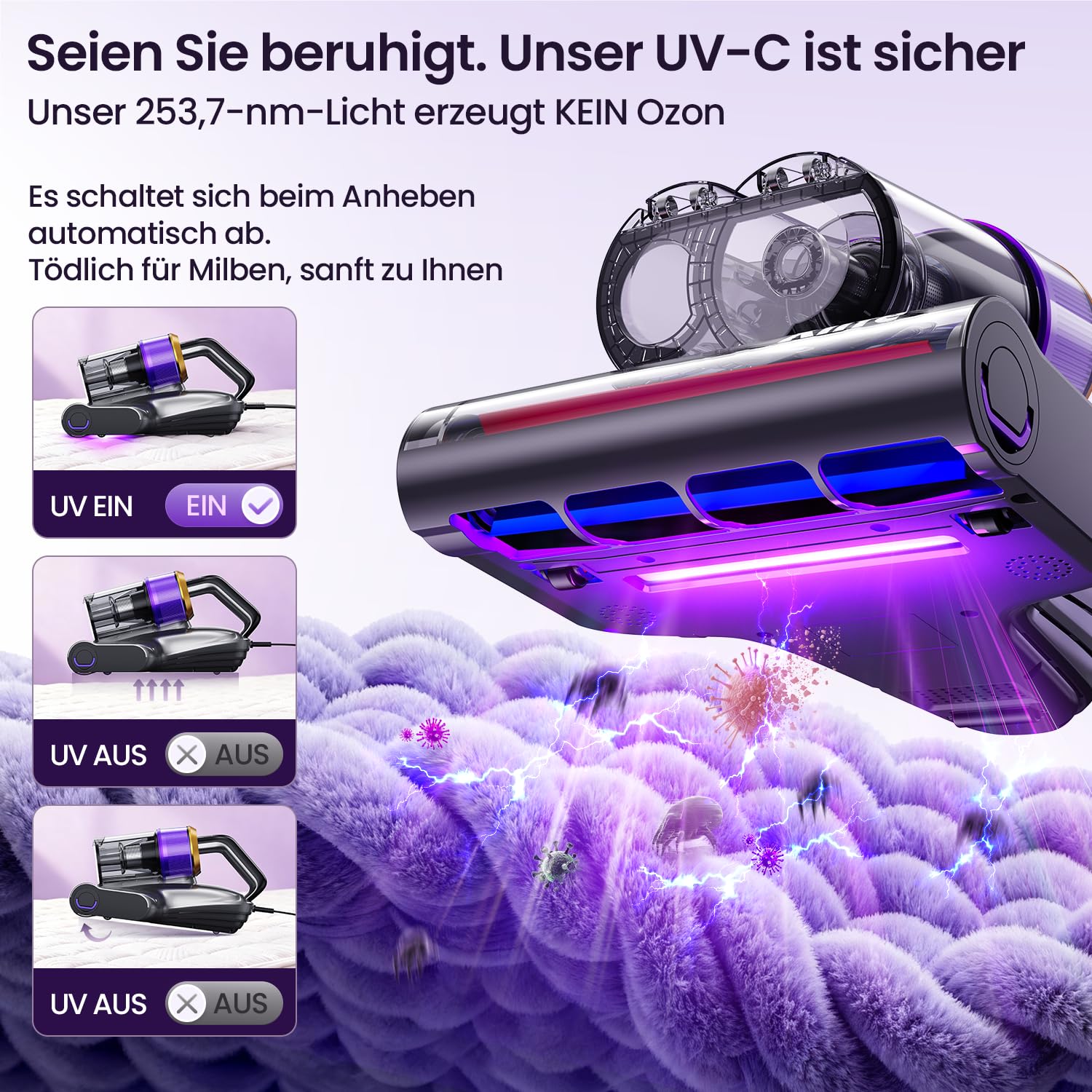 Milbensauger für Matratzen mit 18 kPa Saugkraft, UV-C Licht, 63 °C Heißluft und 2 Bürsten, Bett-Staubsauger und Matratzenreiniger für Matratzen, Betten, Sofa