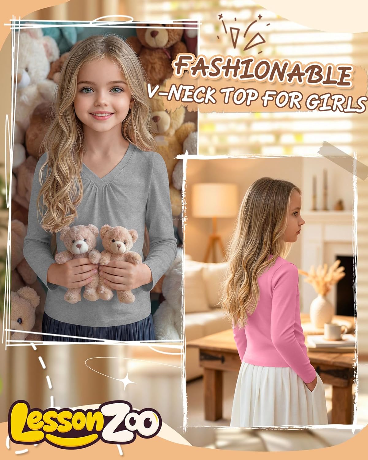 3 Pack Girl's Long Sleeve Shirts, V Neck Casual Chest Ruched Kids Youth Layering Basic Tee 5-14Y - Image 6