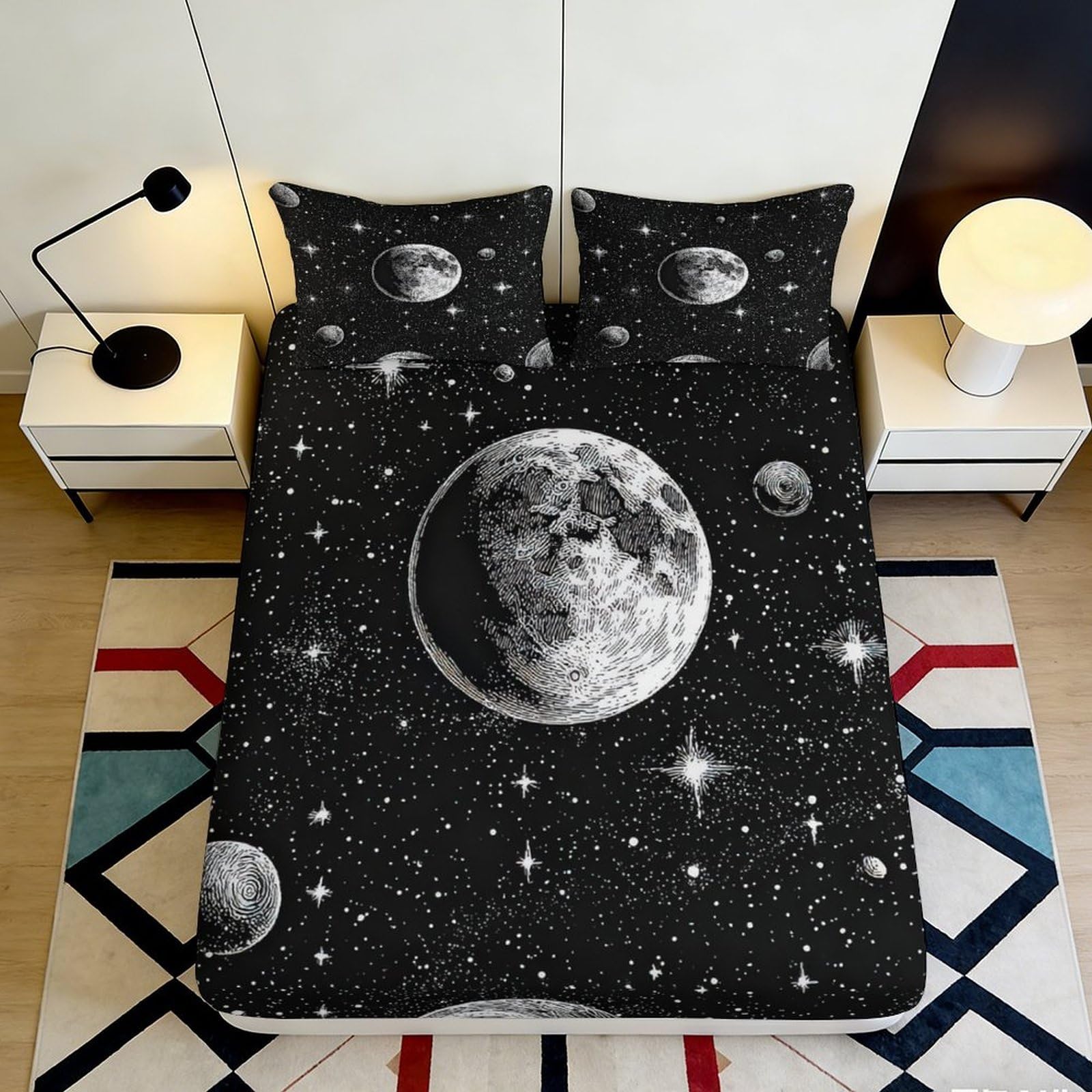 3D Printed Moon Starry Sky Fitted Sheet Microfiber Soft Black Space Planet Bed Cover for Bedroom Decor 90x200x25cm