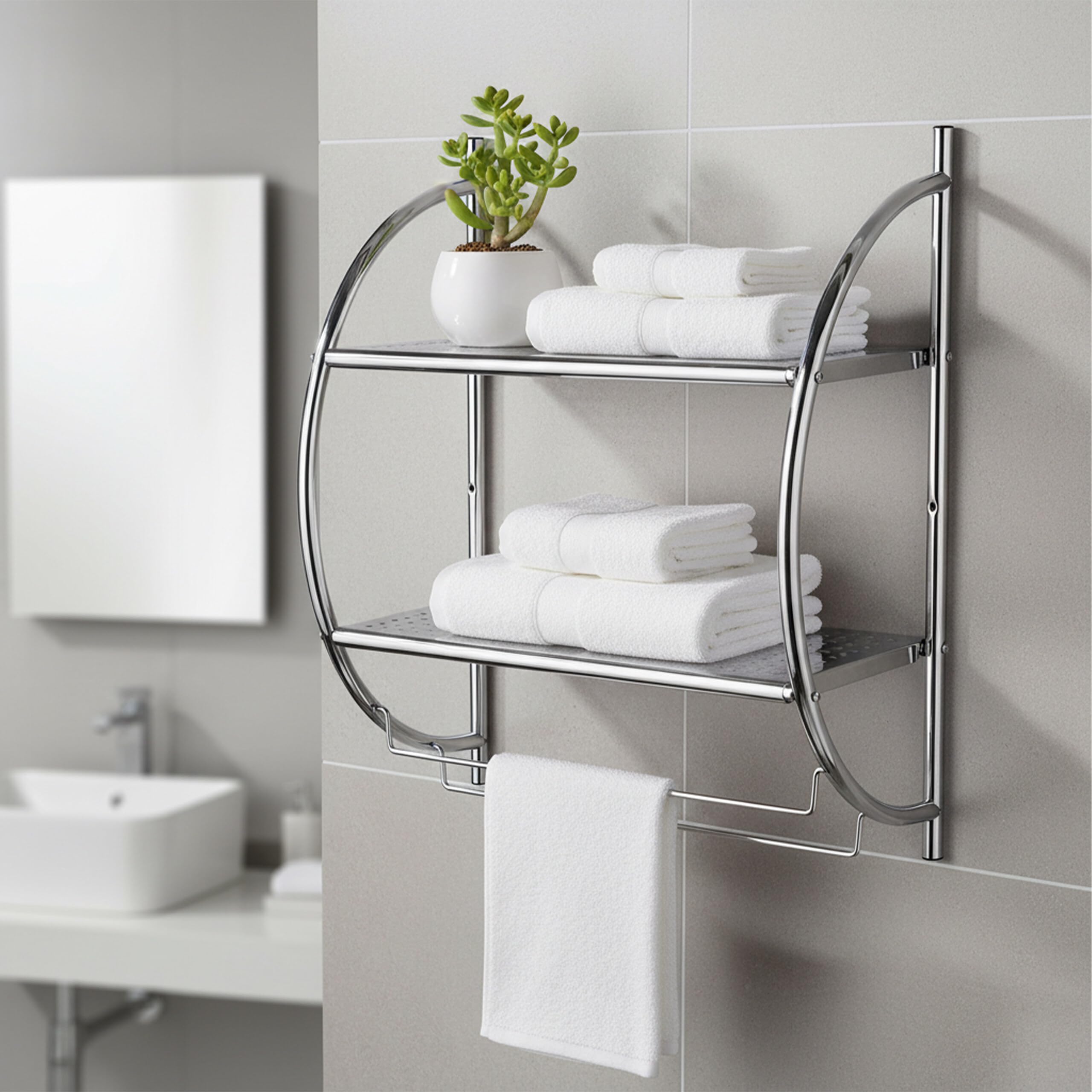 Relaxdays Badregal, Wandregal mit 2 Ablagen, 2 Handtuchstangen, HBT 54,5 x 44,5 x 25,5 cm, Badezimmer, Edelstahl, Silber