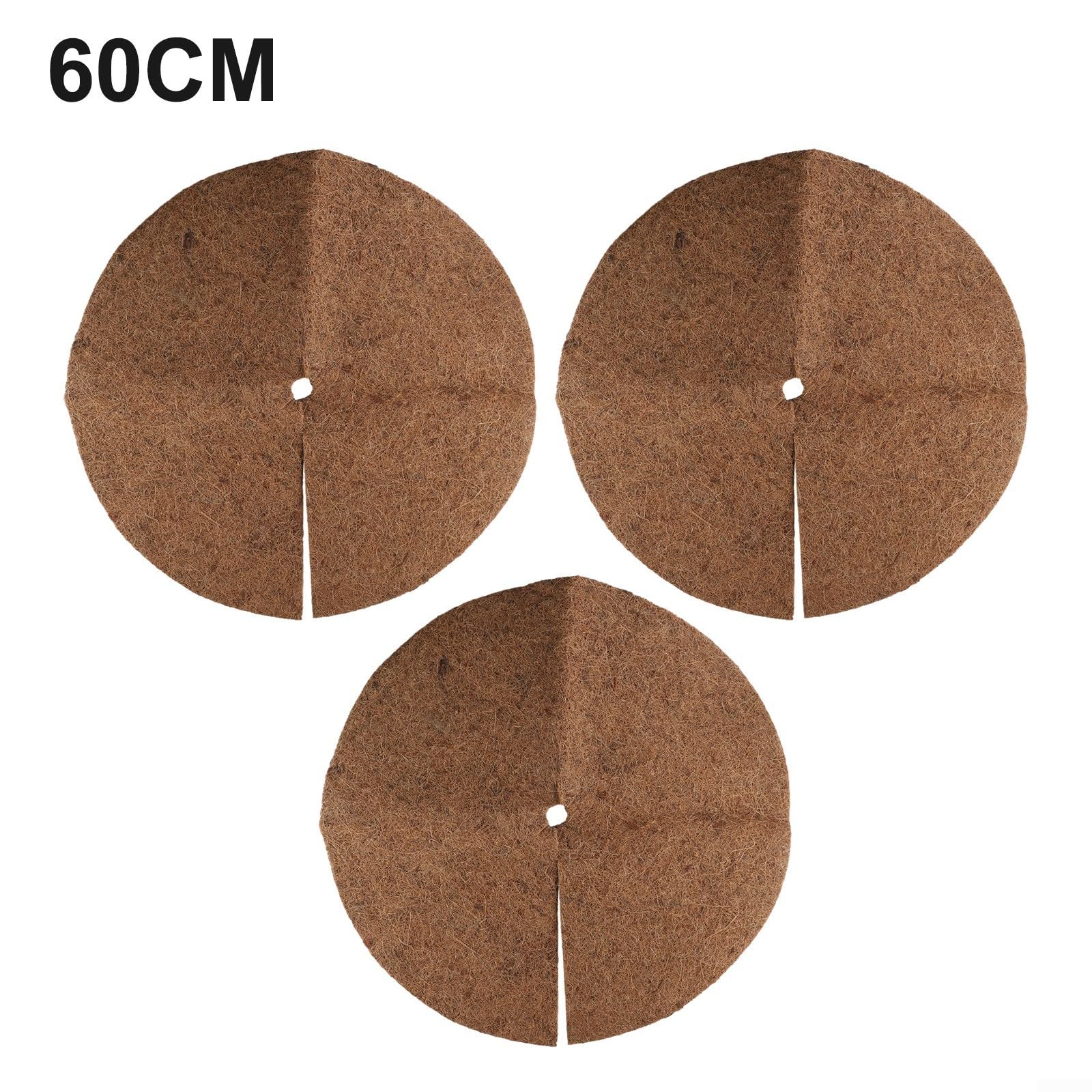 Estera de fibra de coco, 3 discos de mantillo para protección de plantas, agujero redondo que retiene el agua, almohadilla resistente al césped, 0,6-0,8 cm de grosor (60 cm)