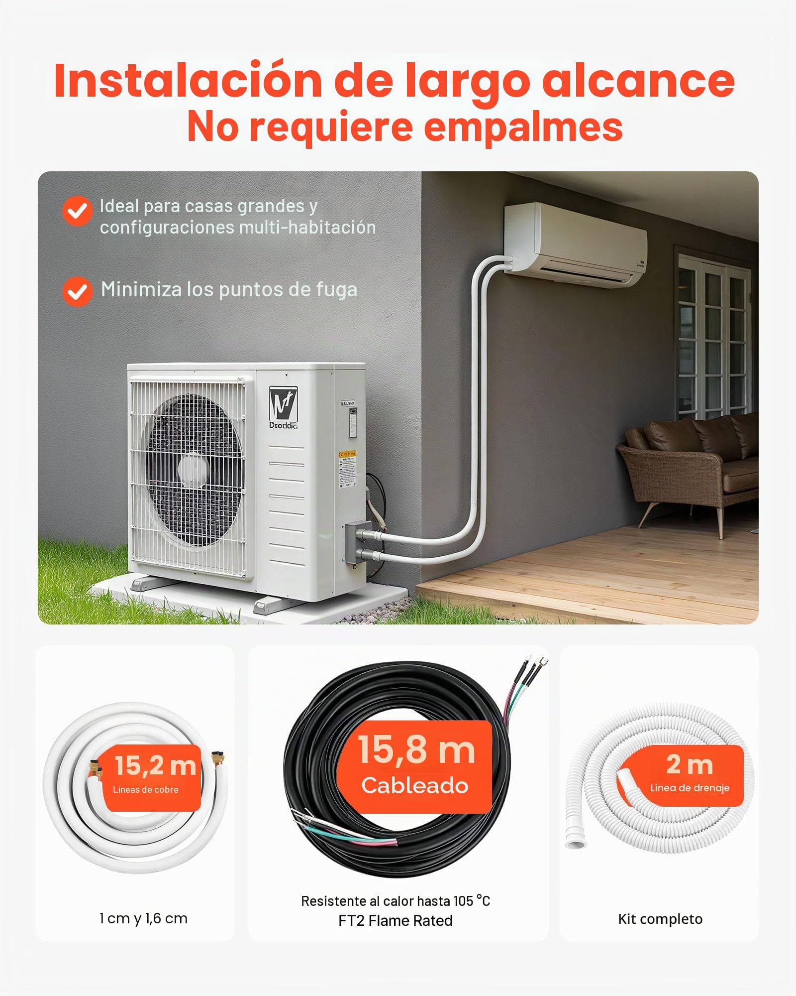 VEVOR Juego de Conducto Refrigerante de Cobre Largo de 15,24 m, Tubo de Cobre Aislado 9,5 mm 15,9 mm para Sistema de Mini-split de Aire Acondicionado, Tubo de Bobina Aislante de PE Espesor de 9,5 mm