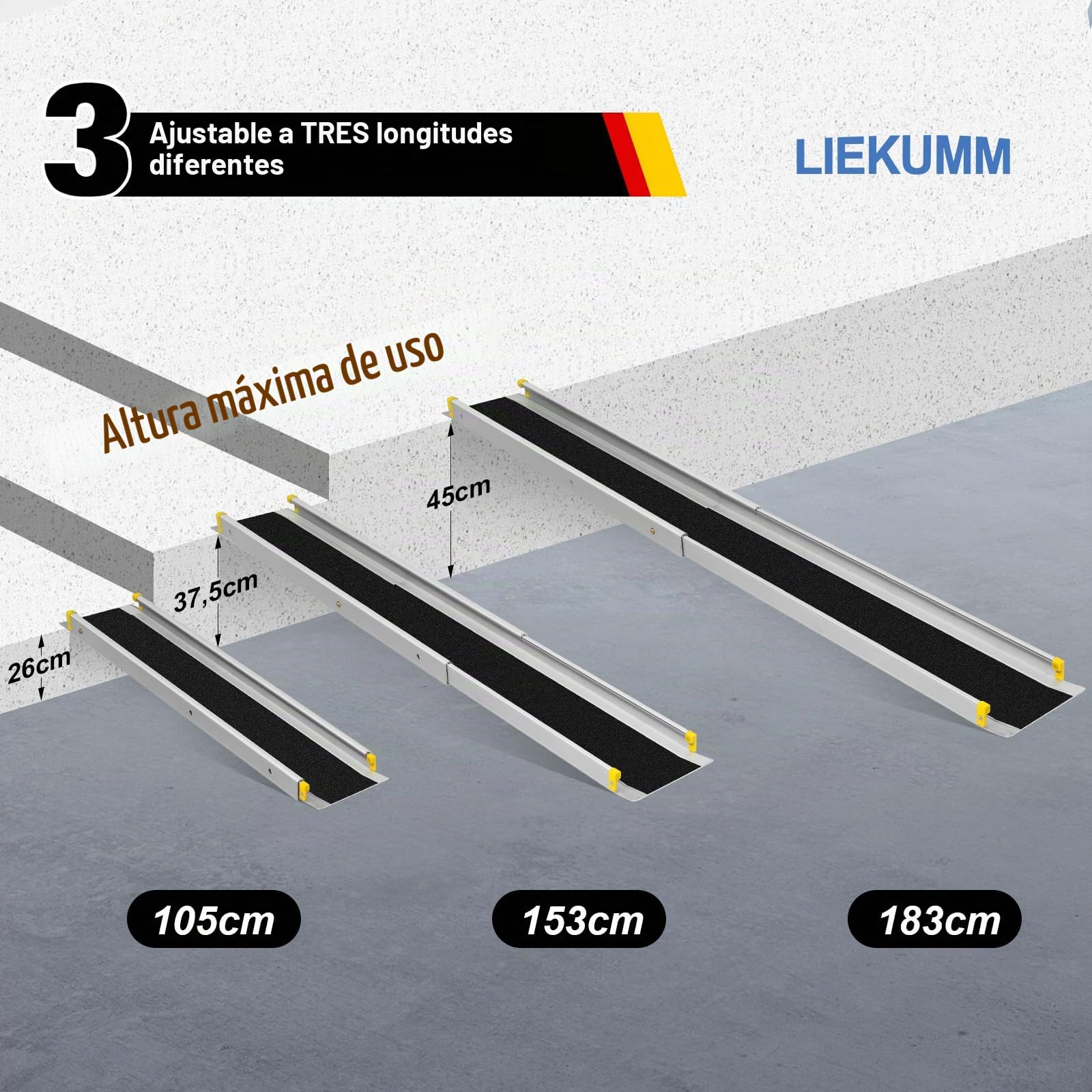 LIEKUMM Rampa telescópica para sillas de ruedas de 105 a 183 cm, capacidad de carga de 300 kg, rampa telescópica para umbrales de puerta, sillas de ruedas eléctricas, bicicletas, 3 longitudes