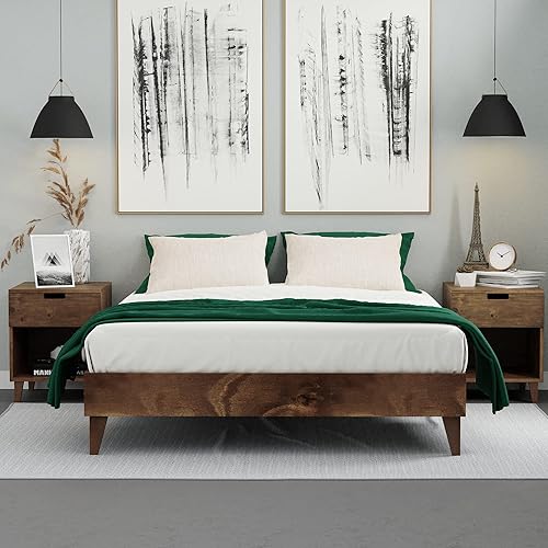 CARDINAL & CREST Wood Bed Frame - Made with 100% New Zealand Pine - Solid Mattress Platform Foundation Pressed Pine Slats - Easy Assembly - Queen - Walnut