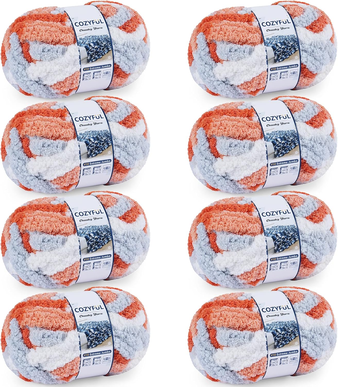 chunky yarn for hand knitting - #10 chunky chenille blanket yarn, jumbo big thick chunky yarns for crocheting, tie dye bulky knit yarns, 8 skein (25 yds 8 oz each skein), multi orange&grey 8 pack multi orange&grey