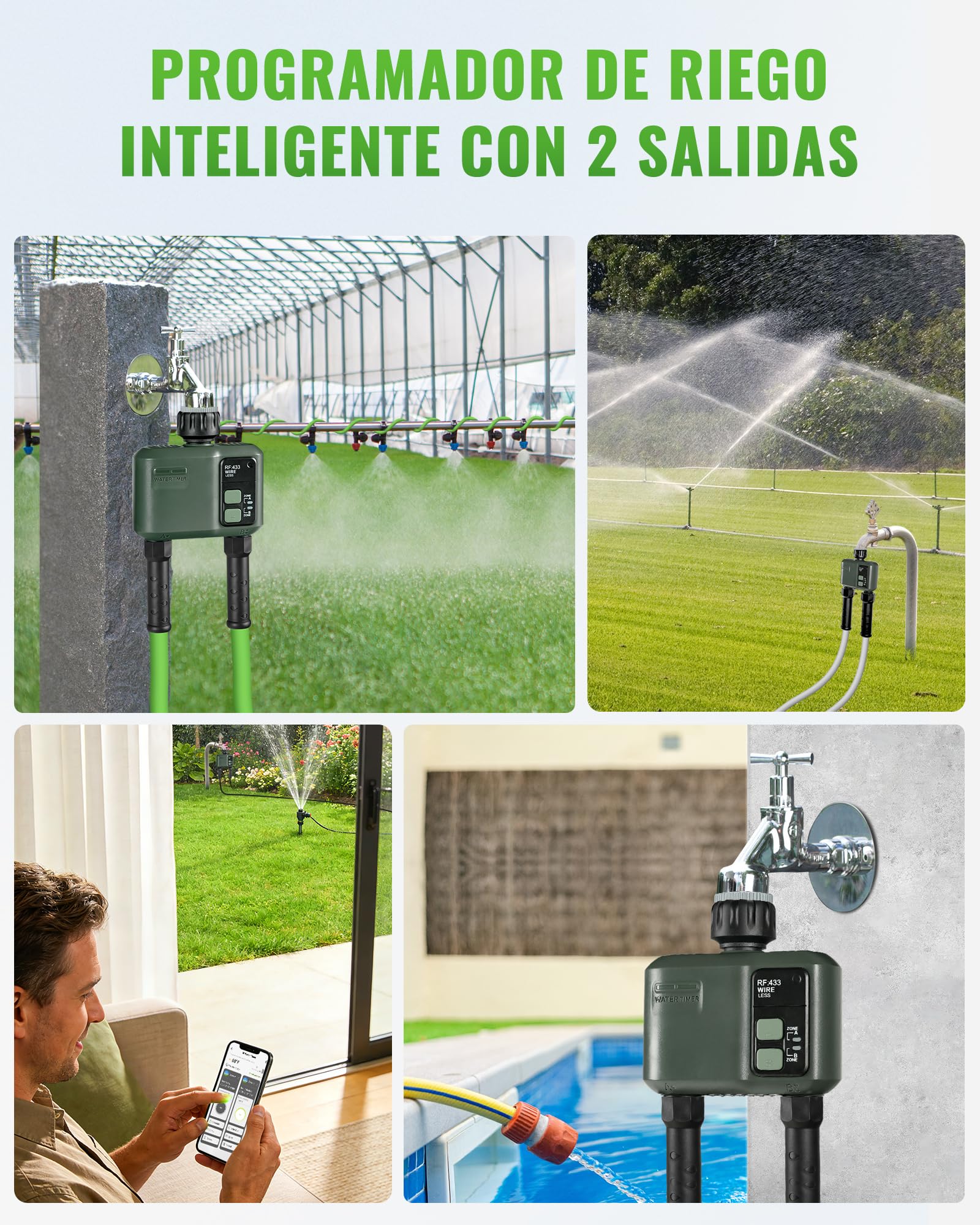 Ordenador de Riego WiFi con 2 Válvulas, Temporizador de Manguera, Programador de Aspersores, Riego Inteligente, Modo Automático y Manual, para Jardín, Césped, Terraza, Verde Oscuro ZD32WTD06