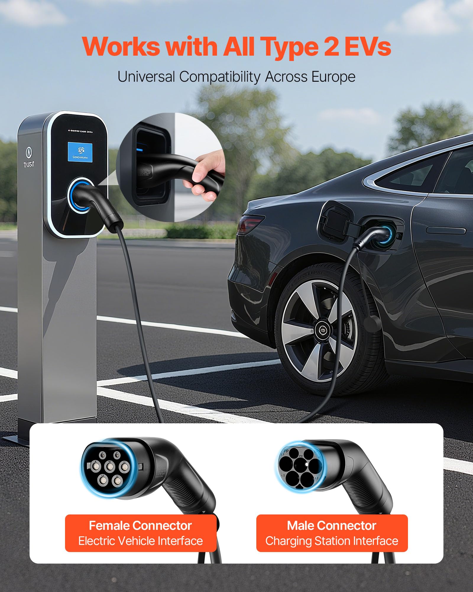 VEVOR EV Ladekabel, 16 A, 7 m, max. 11 kW, Verlängerungskabel, kompatibel mit Typ-2-Ladegeräten für Elektrofahrzeuge, 3-Phasen-Wechselstrom, 480 V, 50 Hz, IP65, Autoladekabel mit Tragetasche