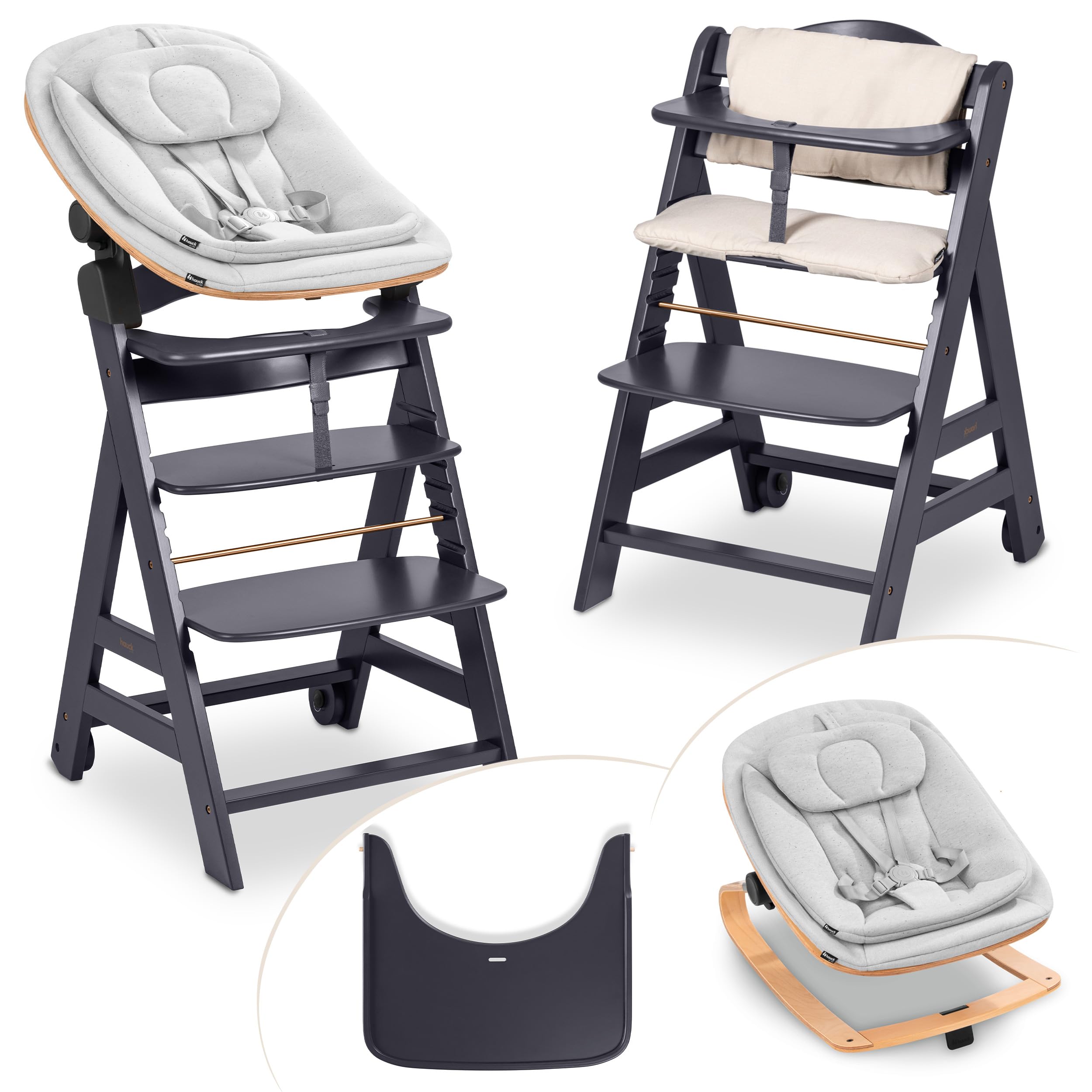hauck Seggiolone Beta+ Newborn Set Eco Bouncer - Sediolone Pappa Bimbi in Legno Da 0 Mesi con Sdraietta Neonati Dondolo, Cuscino e Vassoio - (Grigio scuro)