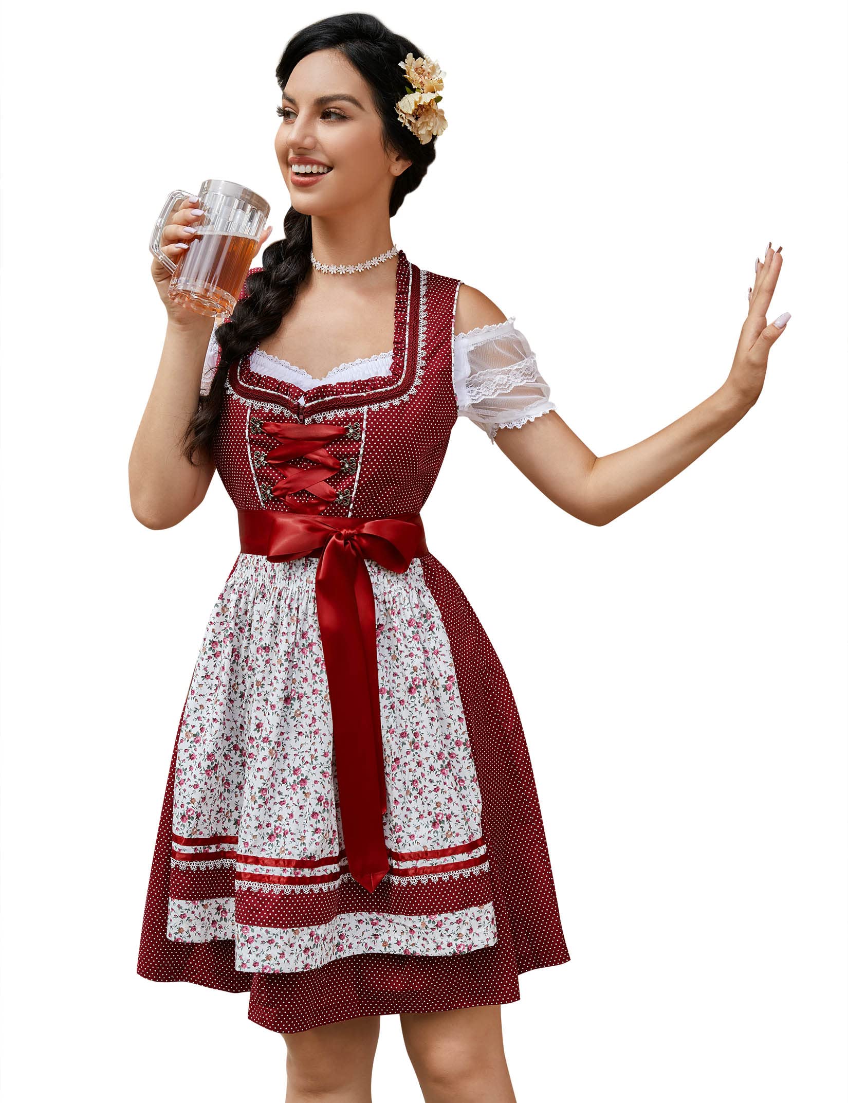 KOJOOIN Women's Oktoberfest Dress 3 Pieces German Dirndl Dress Costumes for Bavarian Carnival Halloween Red wine L