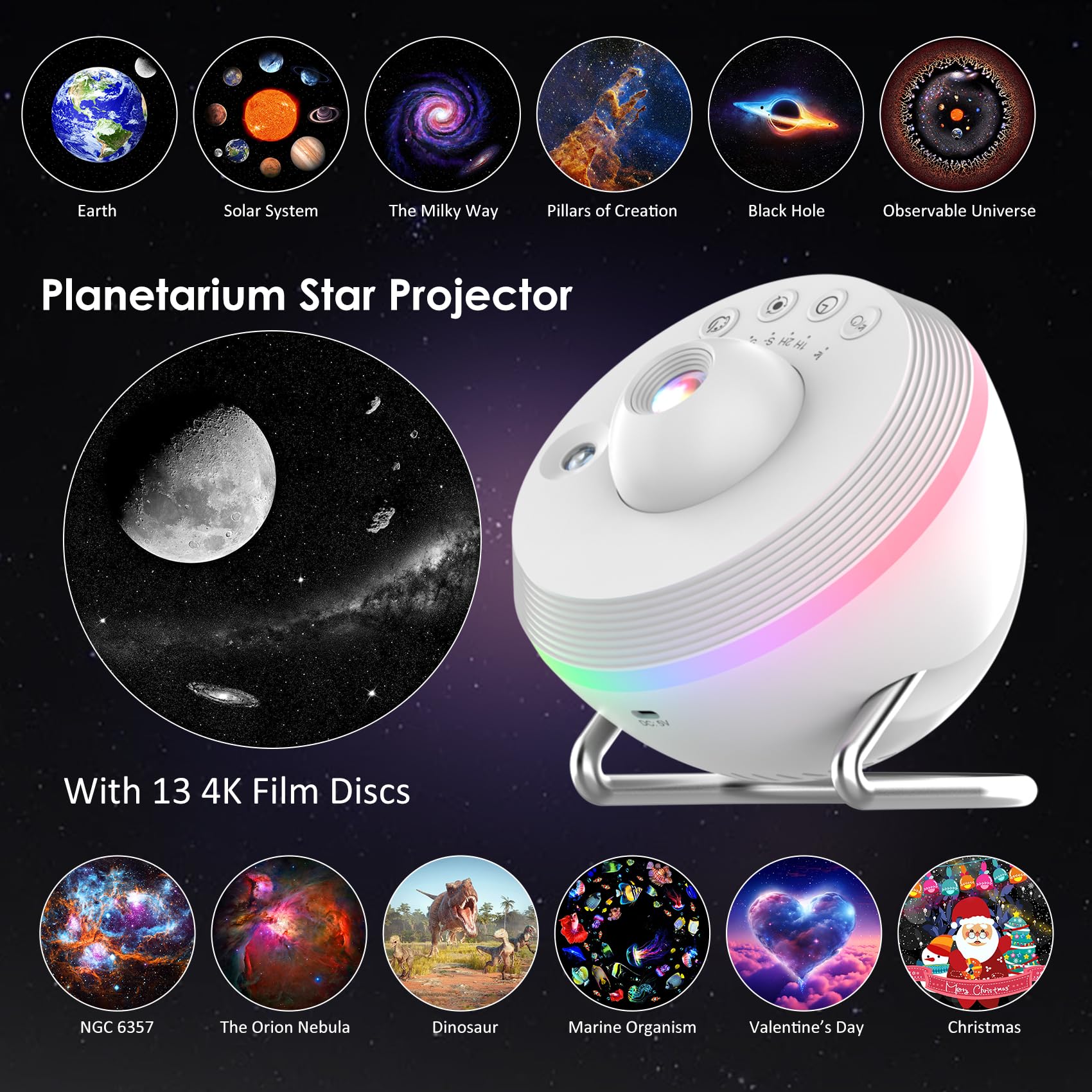 Elec3 Proiettore di stelle, luce notturna per camera da letto con 4K sostituibili 13 dischi Galaxy e 6 luce notturna, rotazione a 360 gradi, lampada proiettore nebulosa cielo stellato, luce notturna