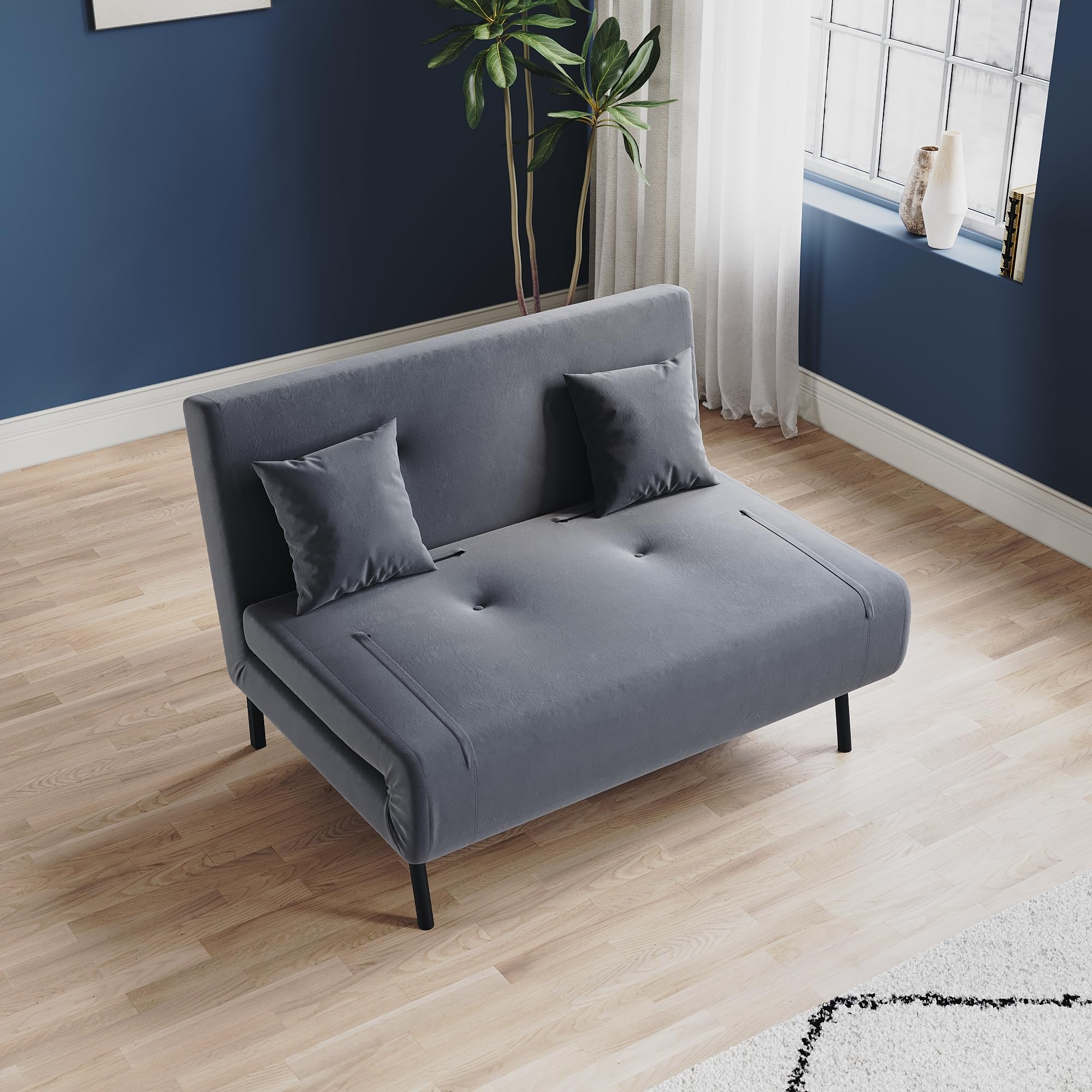 2 Seater Velvet Feel Fabric Folding Sofa Bed with Adjustable Back, Click Clack Convertible Bed Settee with 2 Soft Cushions for Living Room, Guest Room, Bedroom, Grey