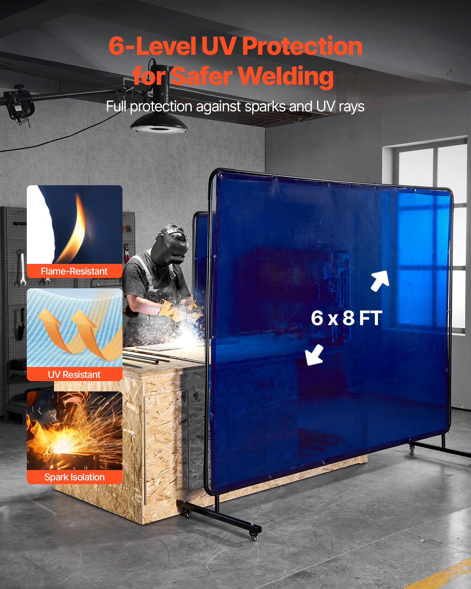 VEVOR Schweißvorhang, 1740x2340 mm Schweißschutzwand, flammhemmende Vinyl-Schweißschutzwand mit feststellbaren Schwenkrädern und 6-stufigem UV-Schutz für Werkstatt-/Industrieeinsatz, Blau