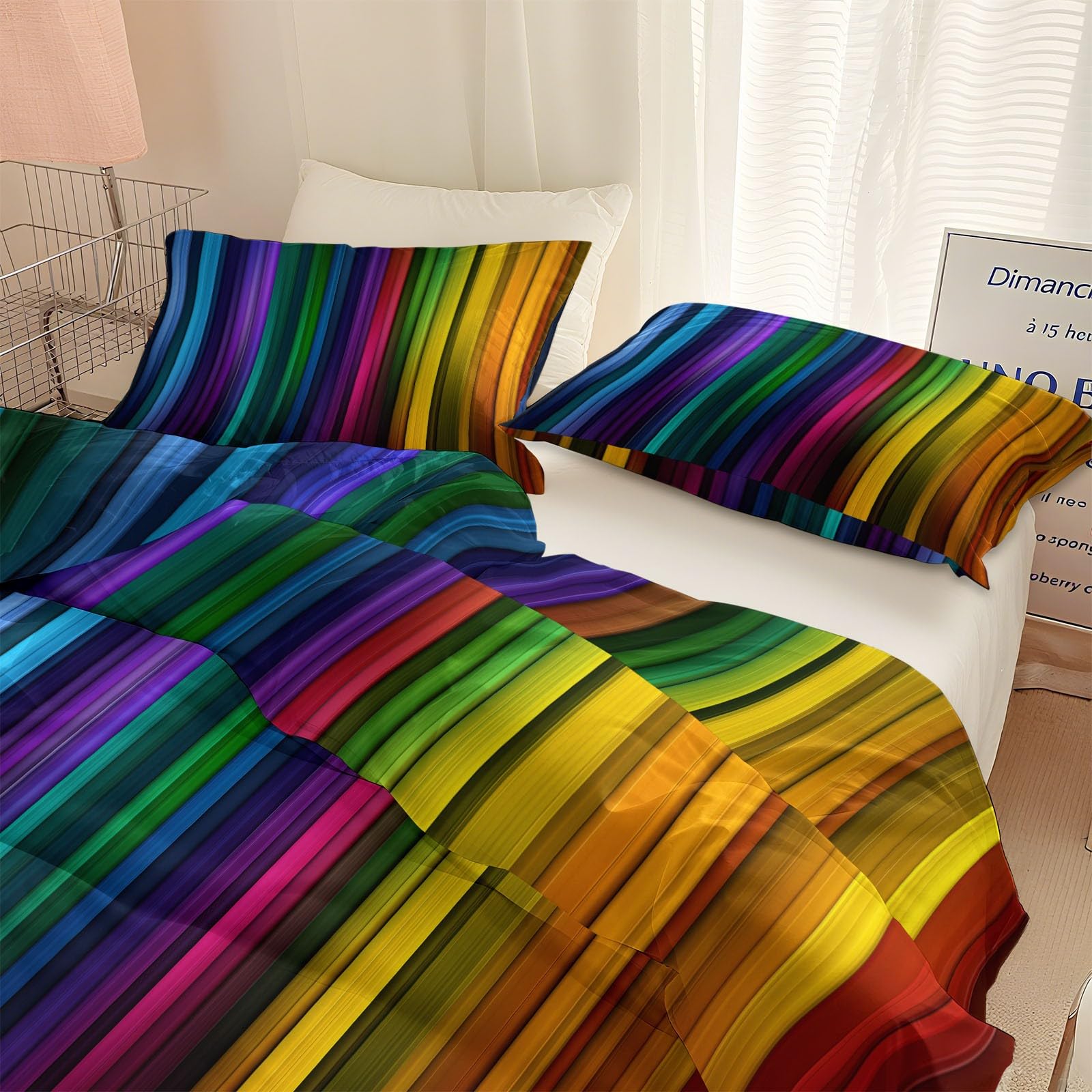 Abstrakcyjna poszwa na kołdrę w pionowe tęczowe paski Bedding 240 x 220 cm z 2 poszewkami na poduszki, wielokolorowa, miękka szczotkowana mikrofibra zestaw pościeli dla dorosłych dla 2 osób