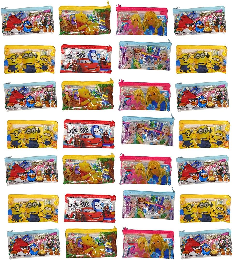 KIVYA Birthday Return Gifts For Kids Party In Bulk Stationary Pouches With Pencil/Scale/Eraser/Sharpner For Children Gift For Girls/Boys -Pack Of 24, Multicolor