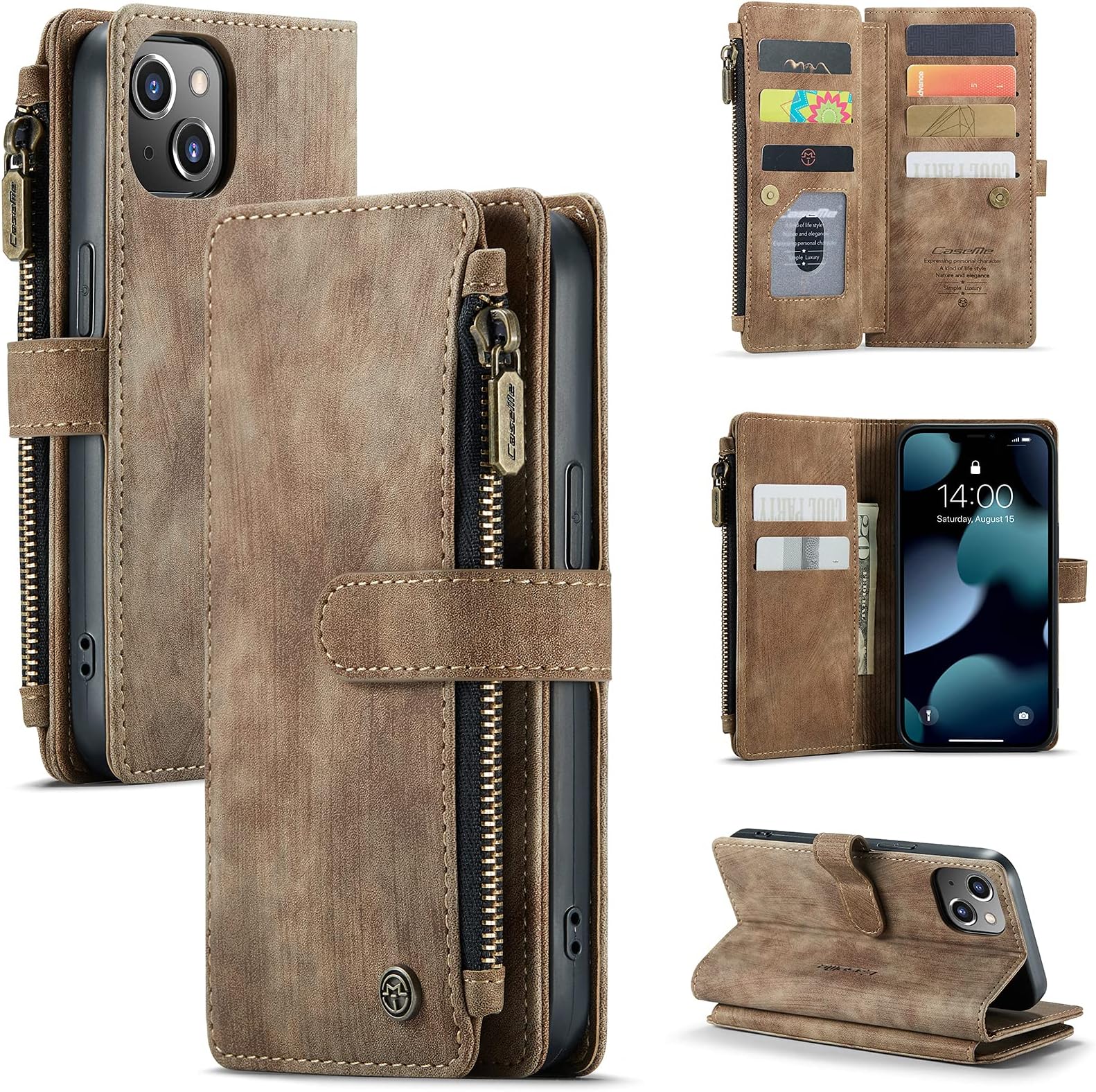 SINIANLWallet Case for iPhone 13, iPhone 13 Case Wallet Leather Zipper Folio Case with Magnetic Closure Kickstand Card Slots Money Pocket Flip Cover for iPhone 13 6.1 inch Brown