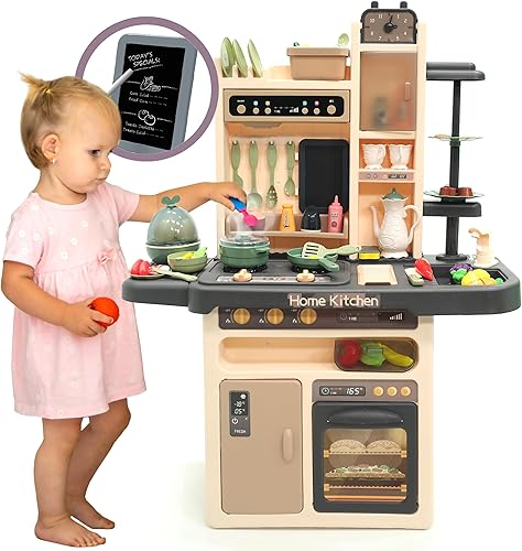 Neatki Juego de cocina de lujo para niños, juego de cocina de juguete de 65 piezas con grifo funcional, efectos de vapor realistas, luces y sonidos,