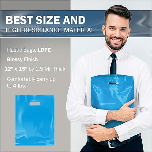 Miniatura 3 de Blue Merchandise - Bolsas de plástico para compras, paquete de 100 unidades de 12 x 15 pulgadas con 1.5 mil de grosor, asas troqueladas, perfectas