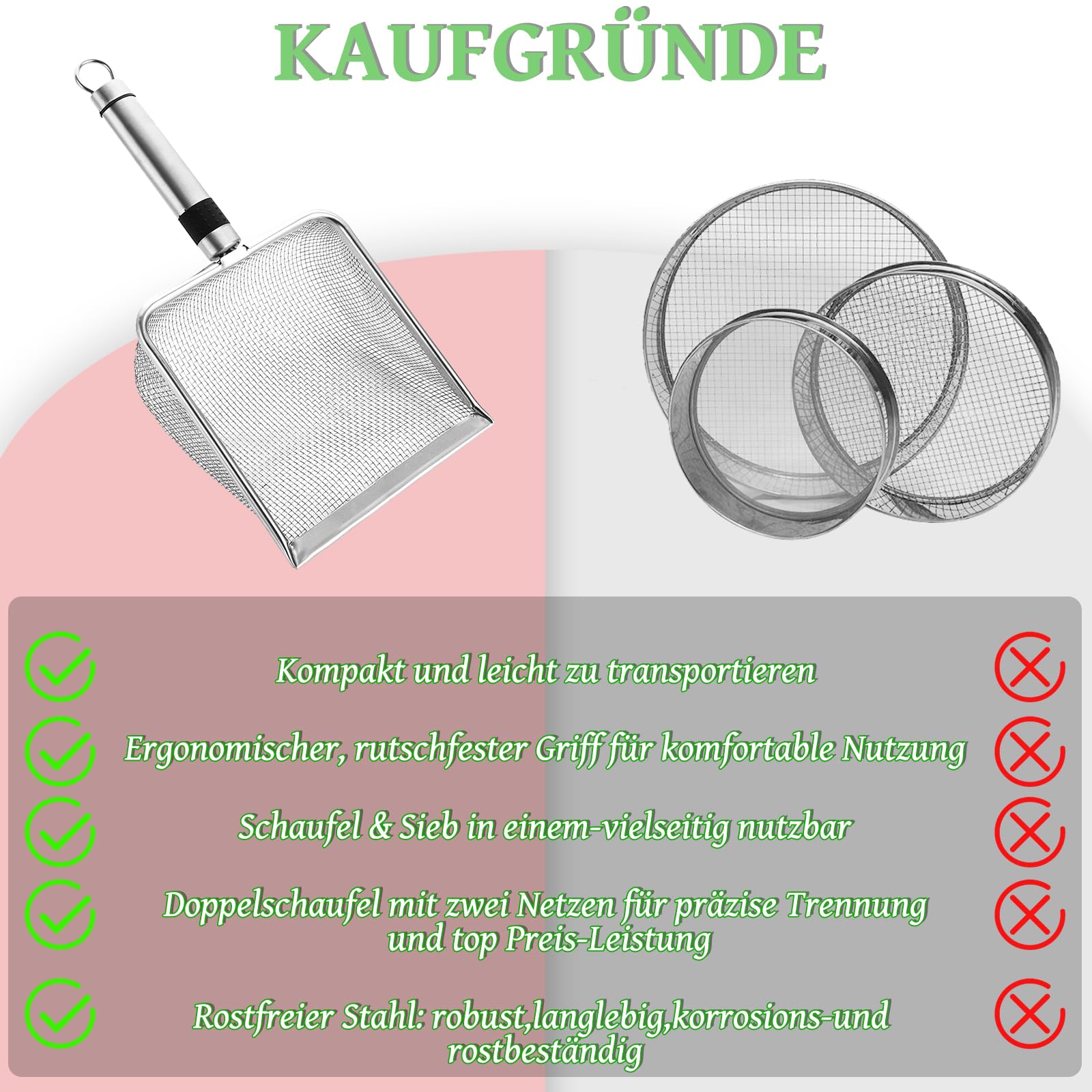 4 Stück Edelstahl-Gartensiebe, Grobsieb und Kompostsiebschaufel, Kompostsieb mit Griff, Katzentoilettenschaufel Gartensieb Erde, Steine, Katzentoiletten (2/2,8/3,8/5 mm Maschenweite)