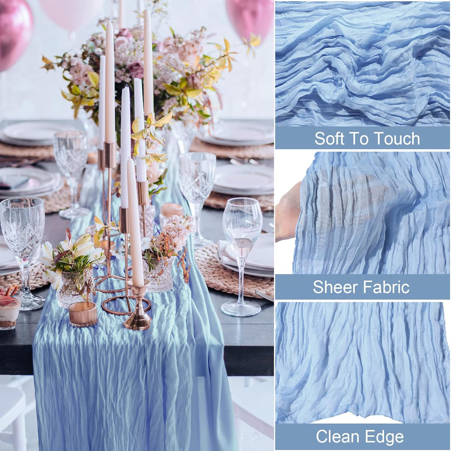 Tranqun 12 Pack 10ft Cheesecloth Table Runner 29 x 120 Inch Boho Gauze Cheese Cloth Table Runner Rustic Sheer Decor for Wedding Bridal Shower Birthday Party(Light Blue)