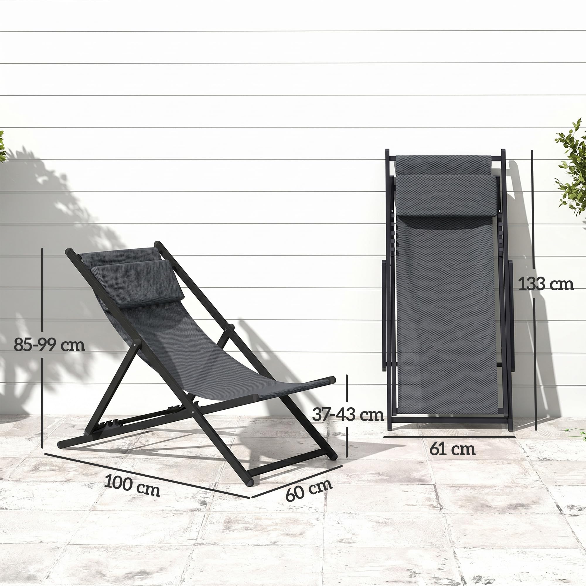 Outsunny Lot de 2 Bain de Soleil, Chaise Longue Pliante avec appuie-tête en textilène, transat Jardin extérieur inclinable de Plage Camping Piscine terrasse, 60 x 100 x 85 cm, Gris foncé
