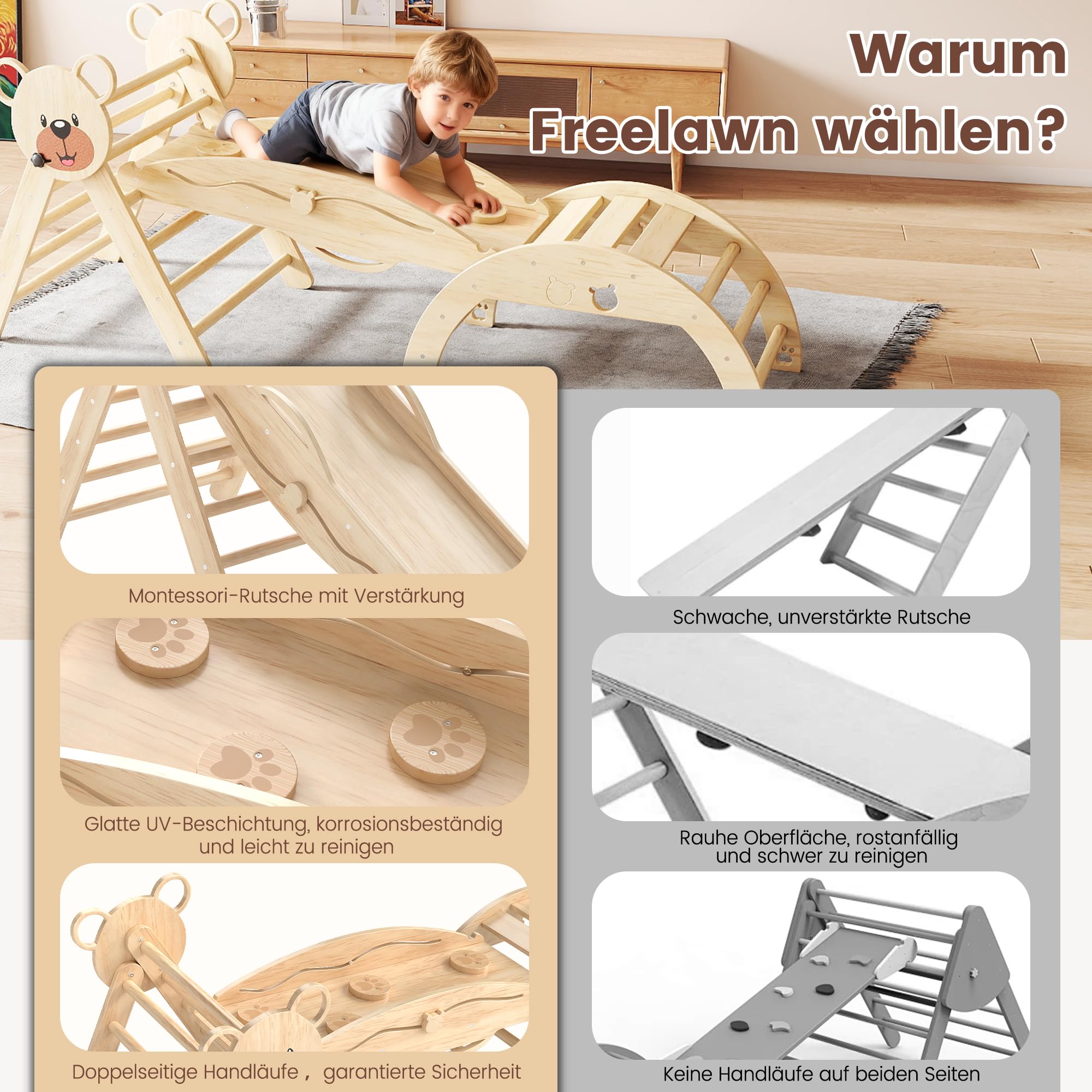 Klettergerüst Indoor,Holz Montessori Kletterdreieck mit Rutsche, Bogen，Leiter&Spielmatte ，für Kinder ab 1 Jahr(Naturholz)