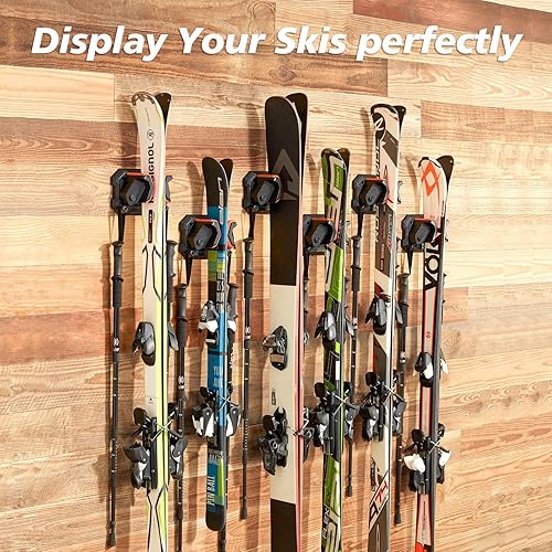 Miniatura 8 de Skifavs Soporte de pared de esquí que ahorra espacio, estante de almacenamiento de pared de esquí y snowboard para pared de garaje, se adapta a