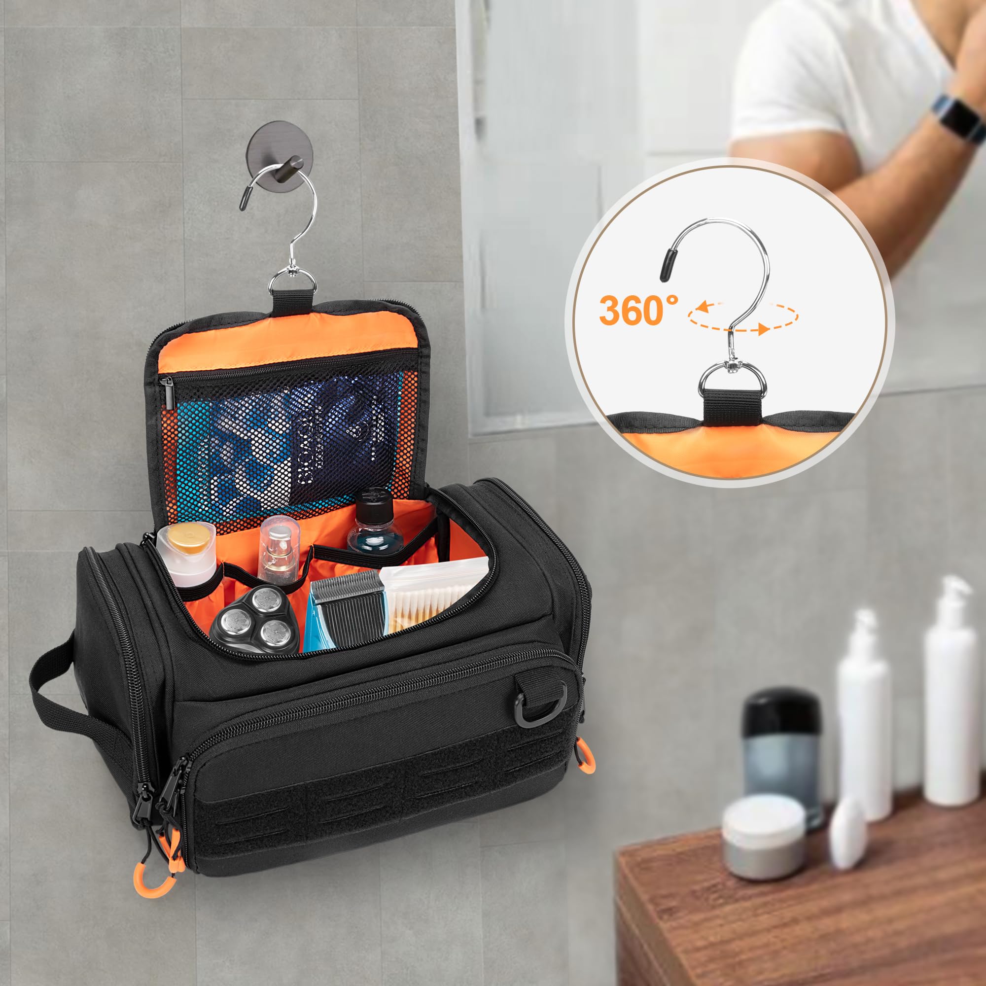 Tactical Beauty Case per Uomo, Borsa Igienica da Appendere, Organizer da Viaggio per Kit da Viaggio per Rasatura, Prodotti Essenziali per la Doccia e Articoli da Toeletta, Nero