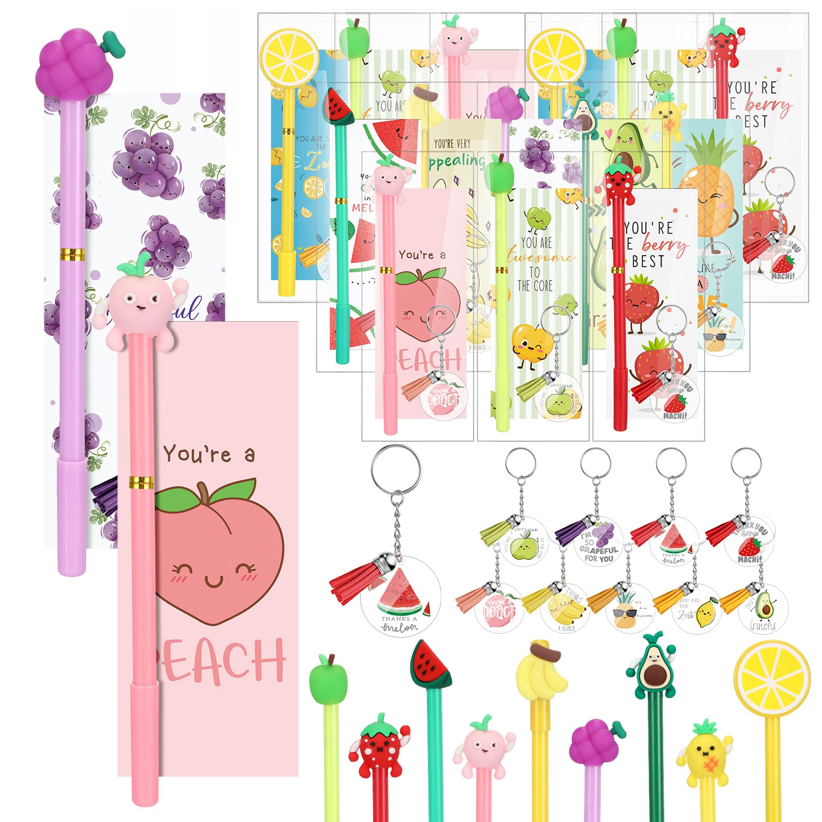 Spakon 45 Set Students Gifts Fruit Pun Pen Fruit Keychain Set Employees Appreciation Gifts with Funny Pun Thank You Cards Bookmarks Stocking Stuffers for Class Teachers Coworkers Nurses