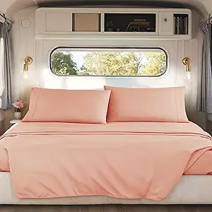 Nestl Peach Short Queen Sheets for RV, Hotel Luxury RV Queen Sheets Set, 4 Piece Fitted Bed Sheet Set and Pillowcases, Super Soft, Wrinkle-Free, and Breathable Camper Bedding