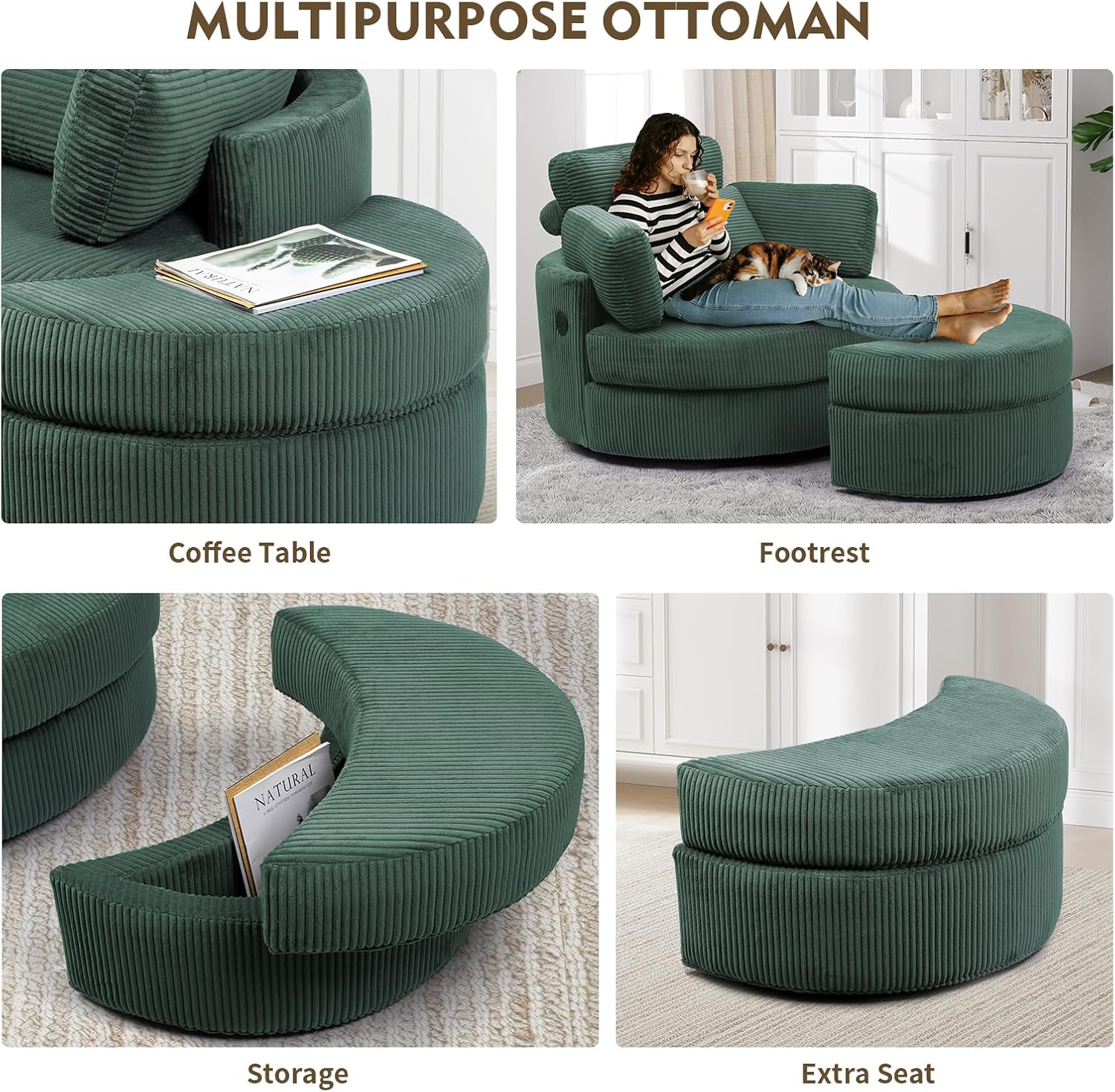 Oversized Swivel Chair with Ottoman, 41.3" Swivel Accent Chair, Barrel Chairs with USB Charging Port, Round Chaise Lounge Indoor with 4 Pillow, Reading Chairs for Living Room (Corduroy, Olive Green)