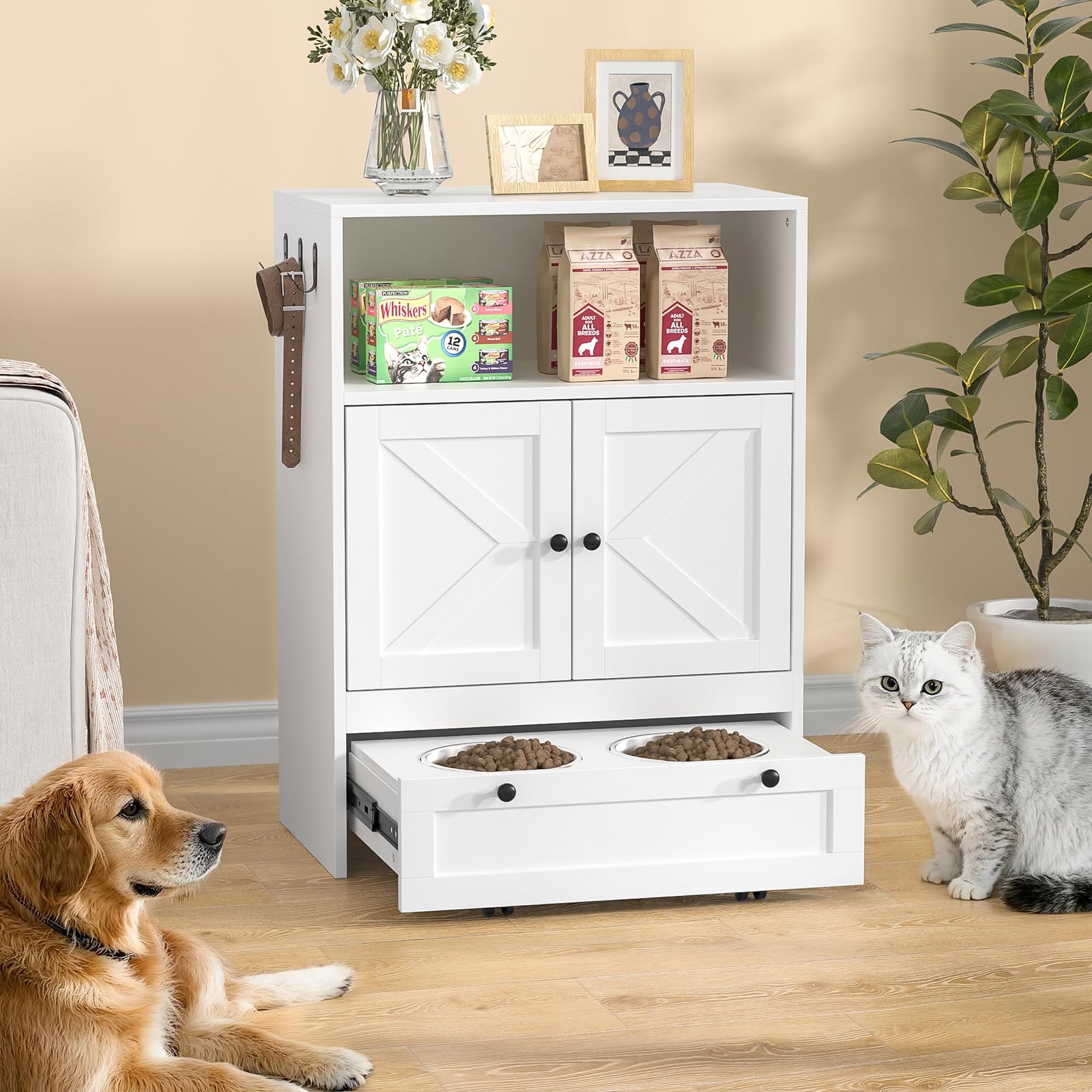 Mangiatoia per cani con 2 ciotole in acciaio inox, 60 x 35 x 82 cm, armadietto per animali domestici con ripostiglio, armadietto per animali domestici 2 in 1 e stazione di alimentazione, ciotola per