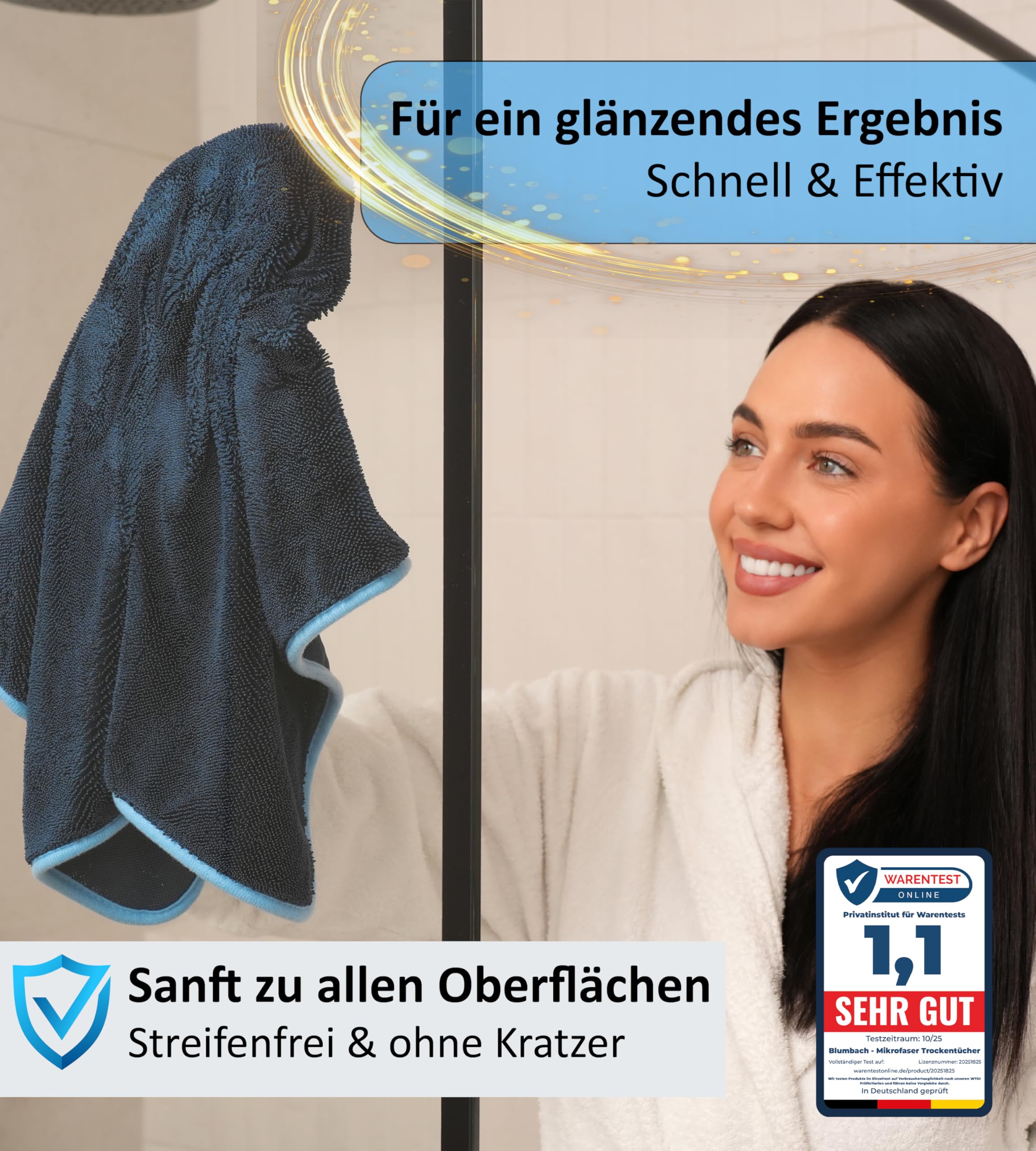 BLUMBACH® Trockentuch Dusche 2-Set 700 GSM 40x60cm Microfaser Putztuch | Trockentuch Auto, Mikrofasertücher extrem saugstark mit 2 Klebehaken, Ultra wipes Trockentücher, das blaue wunder Tücher