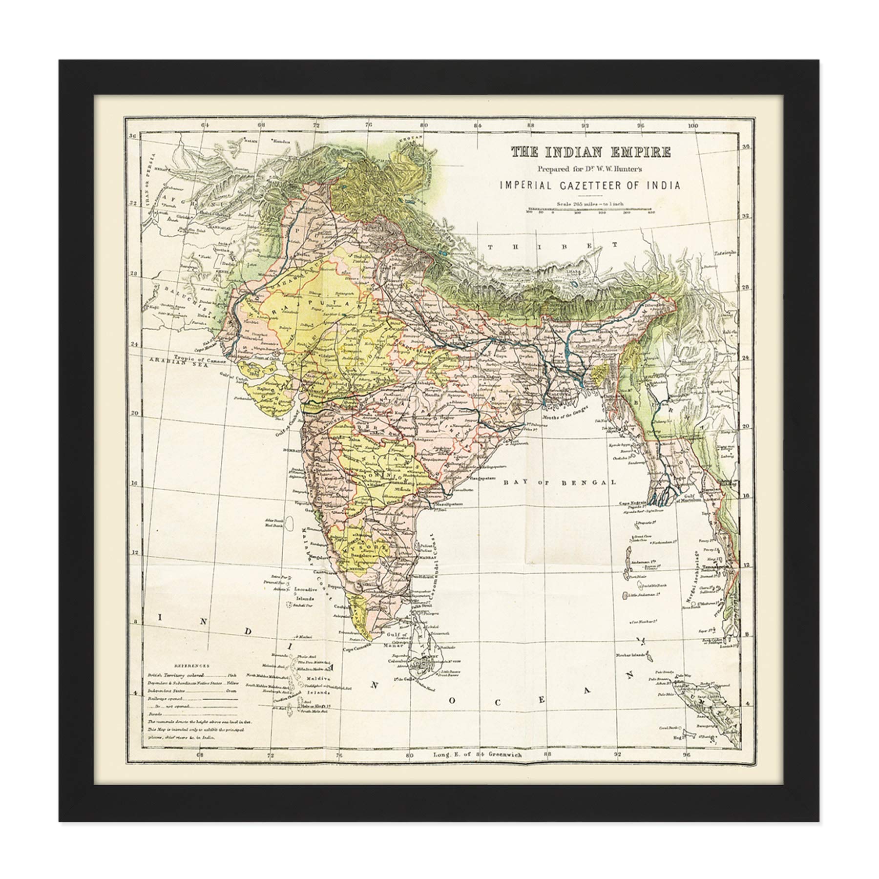 Map Hunter Imperial Gazetteer India Empire Square Wooden Framed Wall Art Print Picture 16X16 Inch