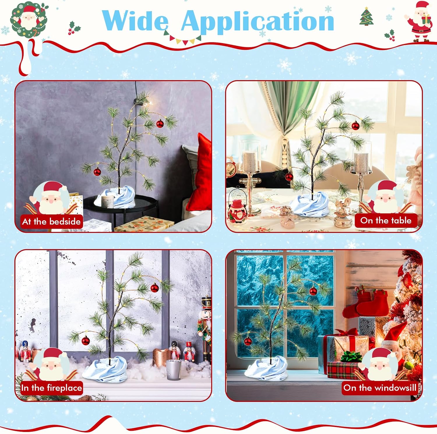 24 Tabletop Christmas Tree with Red Glossy Ball, Wooden Stand Mini Christmas Bent Tree with Blue Blanket Holiday Décor,Holiday Memories Decorations Gift