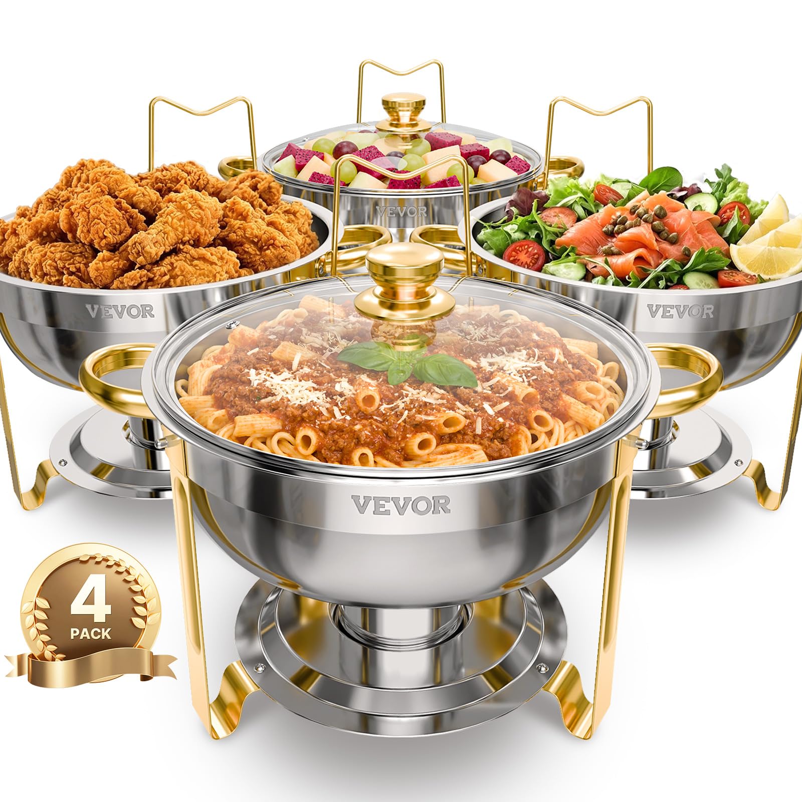 vevor chafing dish buffet set, 5 qt 4 pack, stainless steel chafer with 4 full size pan, round catering warmer server with glass lid water pan folding stand fuel holder, for wedding banquet, gold