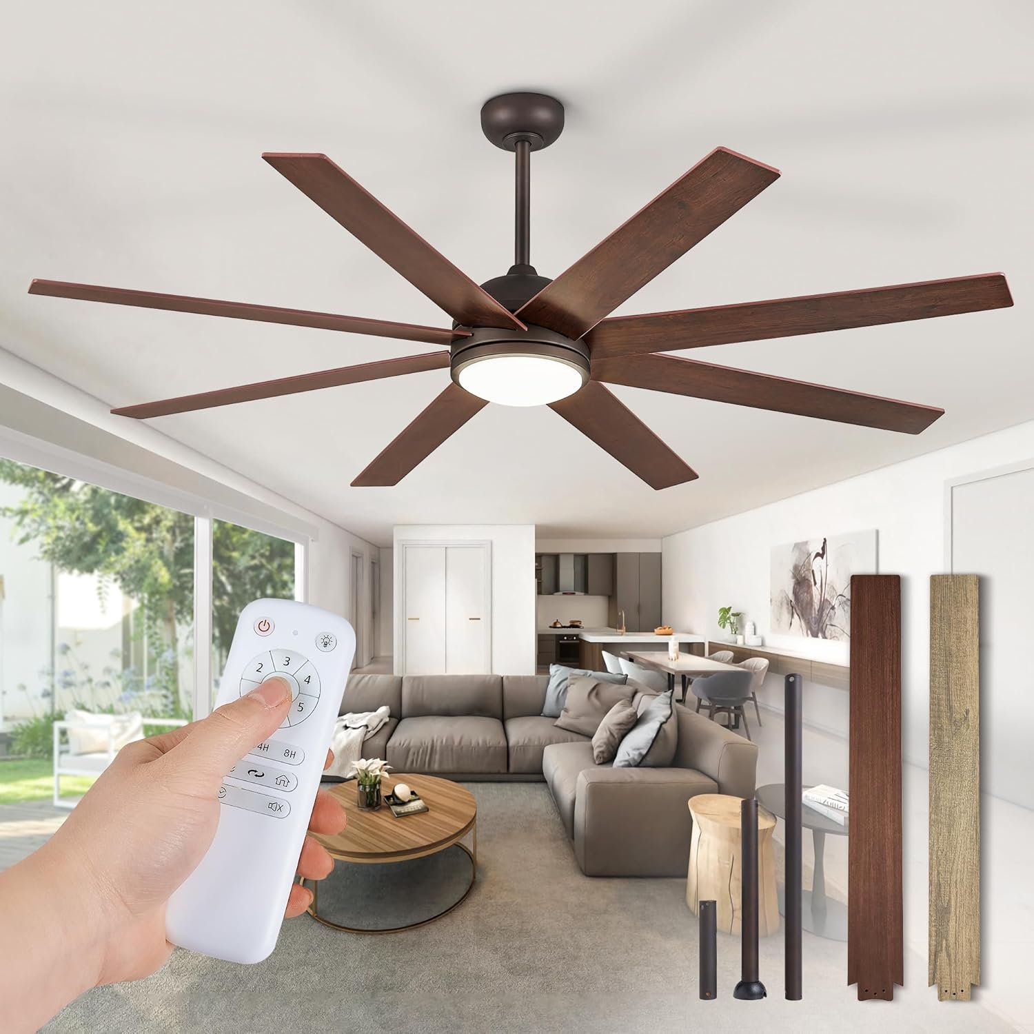 Fanbulous 65 Inch Ceiling Fans with Lights and Remote, Walnut Indoor/Outdoor Ceiling Fan with Quiet Reversible DC Motor, 6 Speeds, 3CCT, 8 Blades Large Ceiling Fan for Living Room Bedroom Patio Walnut 65 Inch