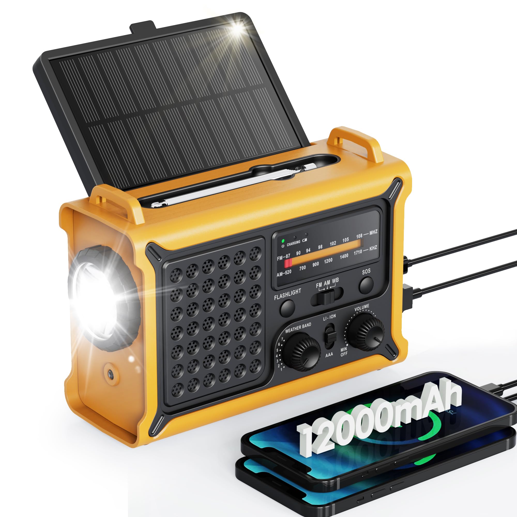 Emergency Weather Radio – Solar & Crank Powered | 12000mAh Rechargeable AM/FM/NOAA Weather Radio with Phone Charger, Flashlight, SOS Alarm for Blackouts, Camping, Snowstorm Yellow