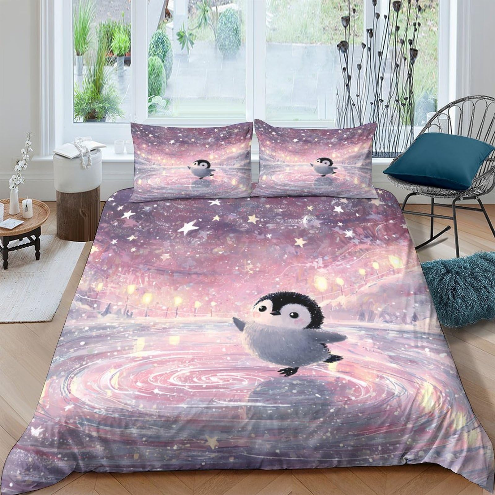 GPLZQXKJNH 3D Printed Cute Penguin Duvet Cover Microfiber Soft Pink Winter Scene Bedding Set with 2 Pillowcases for Bedroom Decor Single（135x200cm）