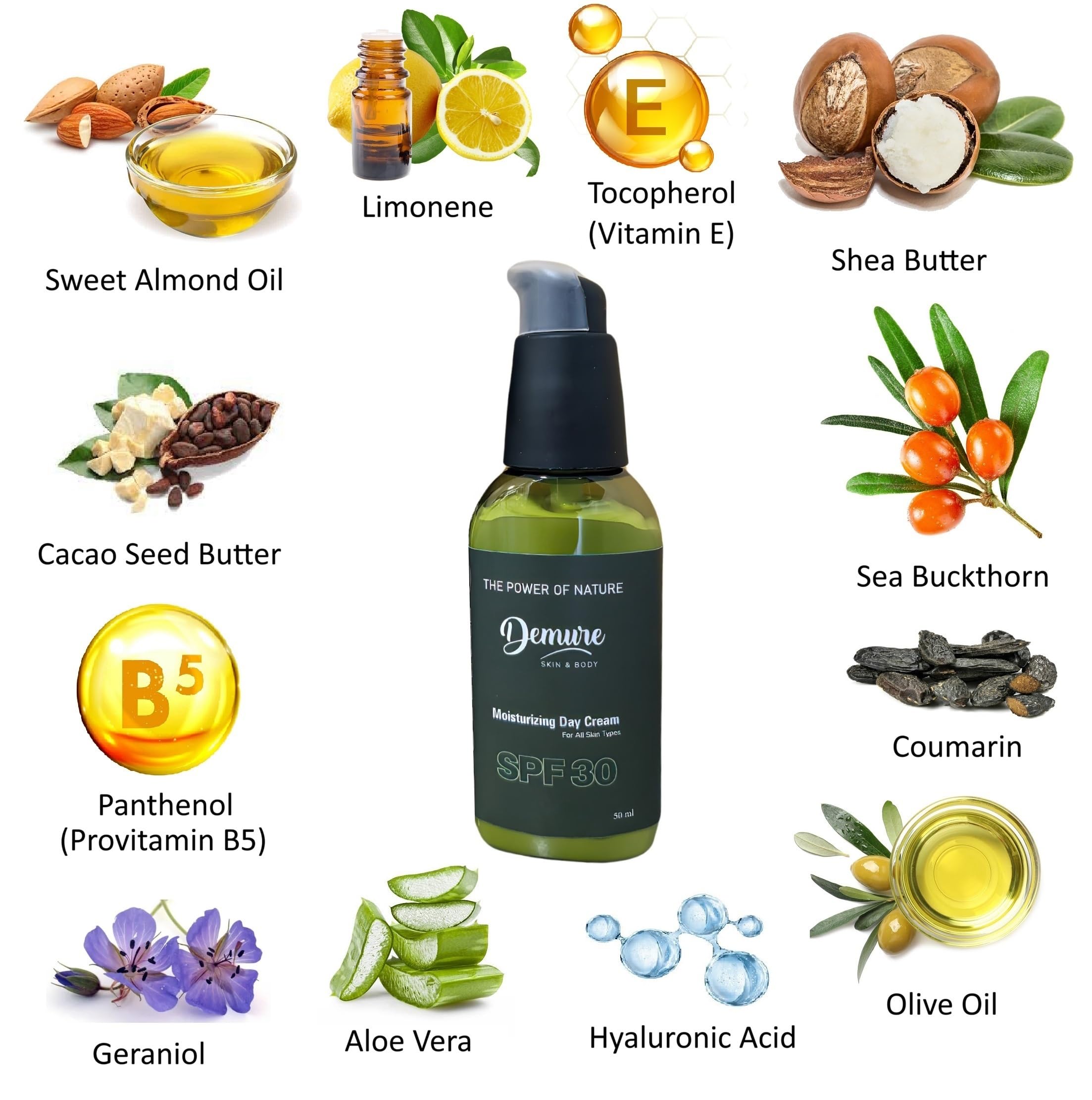 Demure Moisturising Day Cream SPF 30, Hyaluronic Acid, Panthenol Provitamin B5, Vitamin E, Aloe Vera, Sea Buckthorn - Image 2