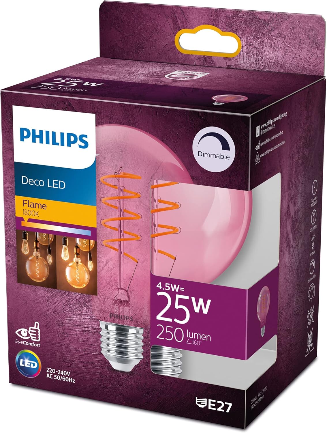 Philips LED Light Classic G93 Flame Pink Light Bulb [E27 Edison Screw