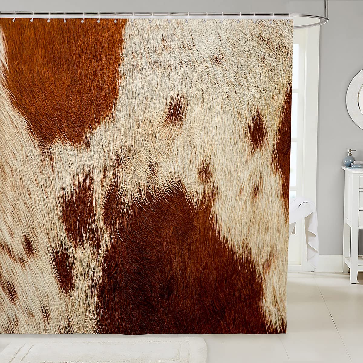 Homewish Kuhfell Badevorhang Braun Kuh Druck Duschvorhang für Jungen Mädchen Mann Frauen Stier Rinderhaut Badewanne Duschvorhang Tierwelt Fell Haare Bauernhaus Tierhaut Badezimmer Sets,180 W x 200 L