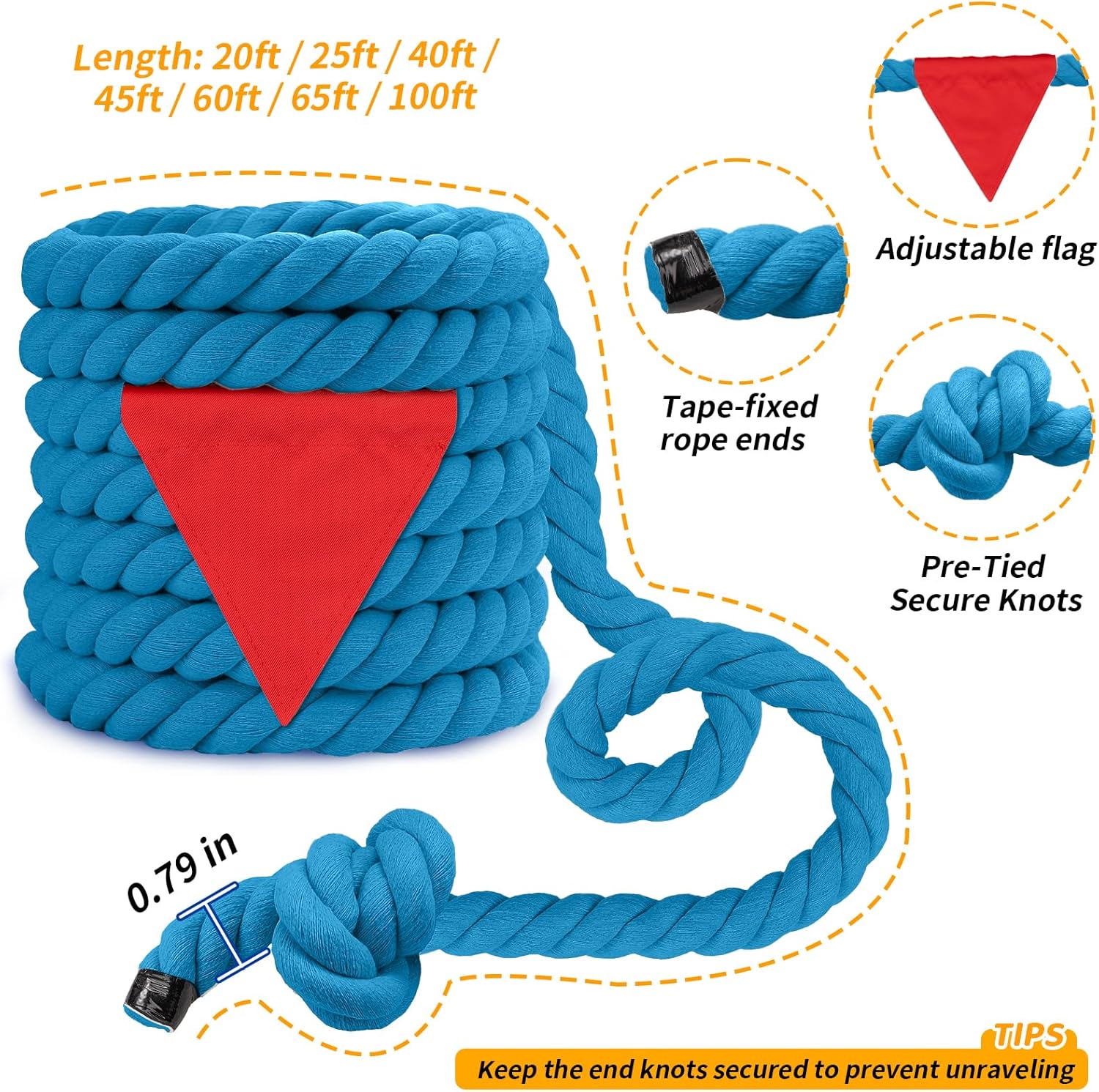 tug of war rope for kids & adults - 45ft soft cotton outdoor pulling rope with flag for team building activities field day family reunions birthday parties camping games- blue blue 0.79 in x 45ft