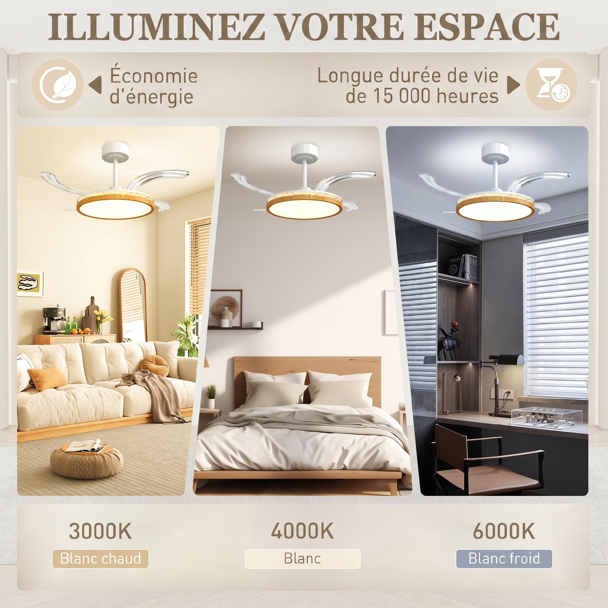 HOMCOM Ventilateur de plafond avec lumière LED, plafonnier ventilateur Ø95 cm, 4 pales rétractables moteur CC silencieux, 6 vitesses, 3 températures de couleur, télécommande, minuterie, mode été-hiver