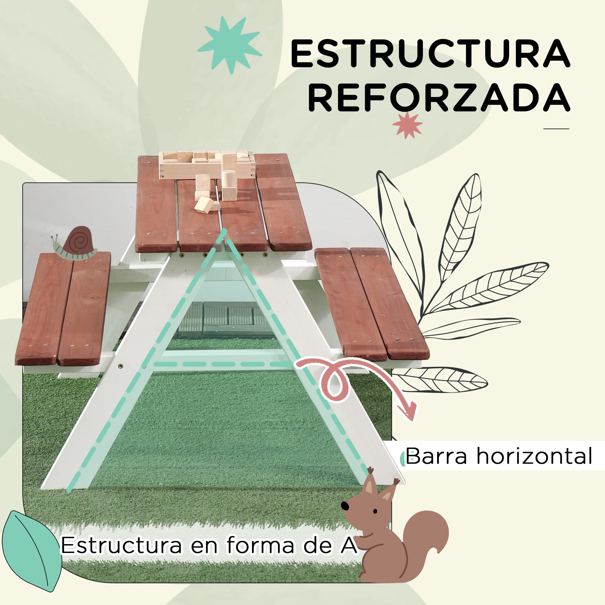 Outsunny Juego de Mesa y 2 Bancos Infantiles de Madera Mesa de Picnic para Niños de 3-8 Años para Jardín Patio Terraza 89x79x50 cm Marrón