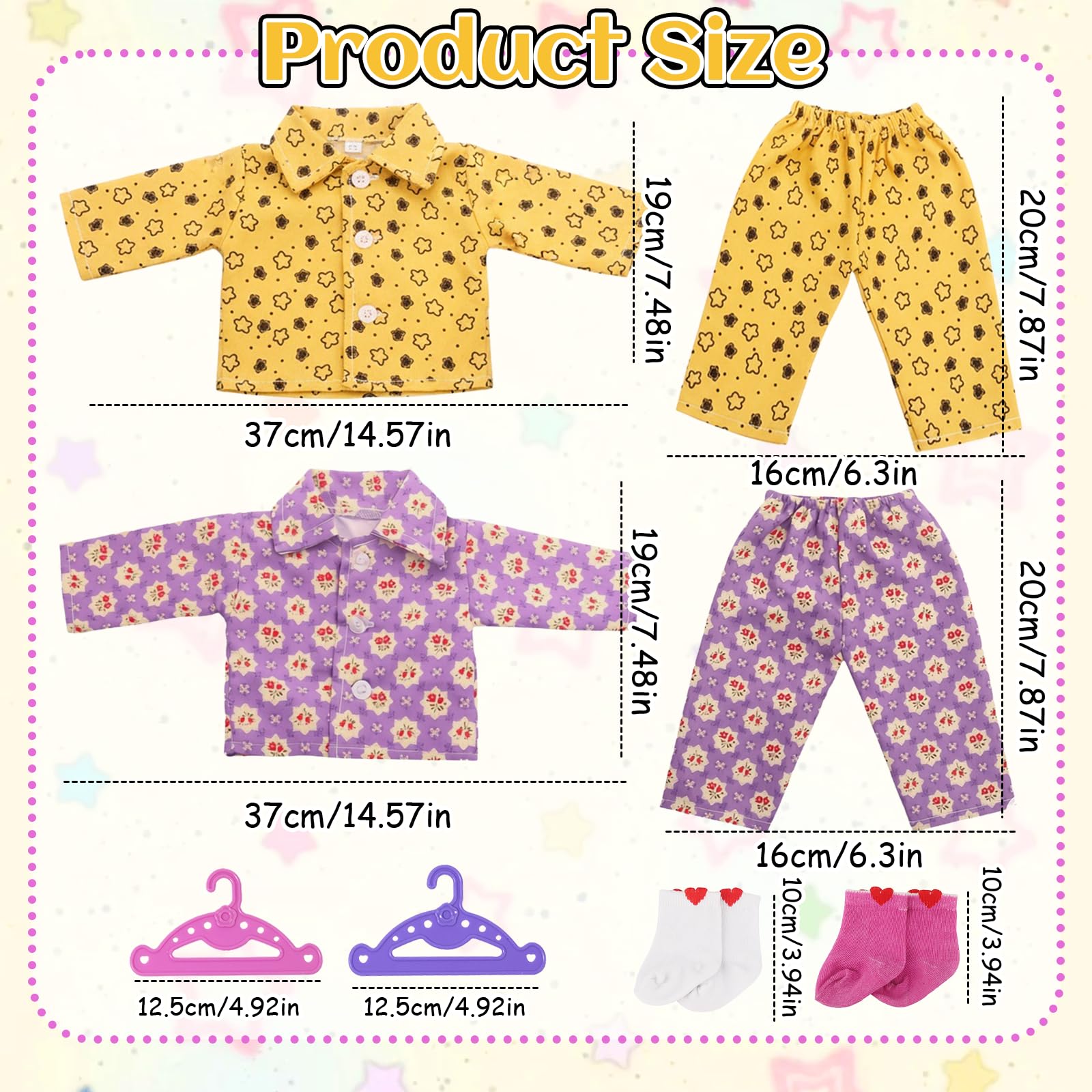 2 Sets Dolls Clothes Pajamas for 14-17 Inch Doll, 30-45cm Newborn Baby Doll Clothes with 2 Floral Print Shirts, 2 Pants - Image 2